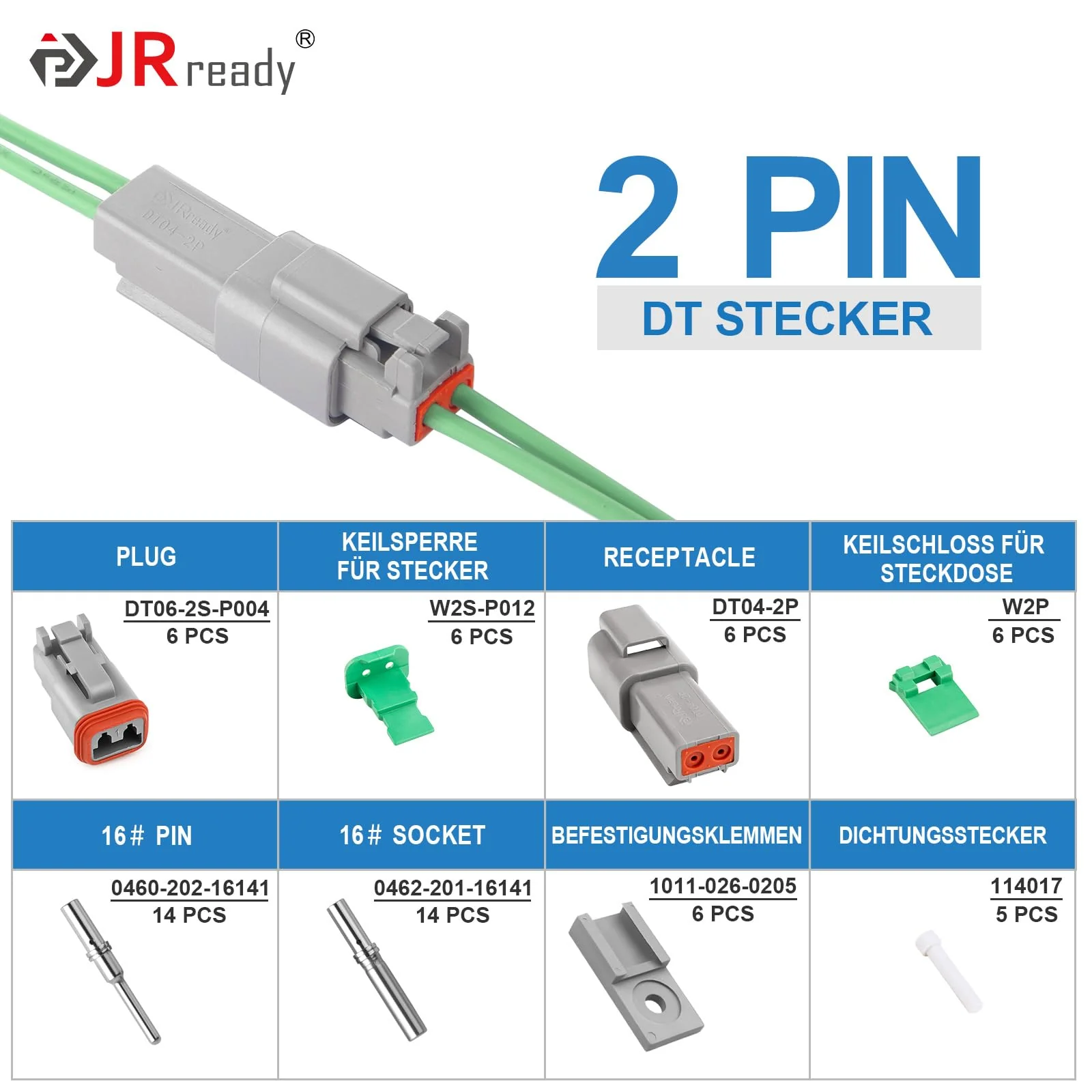 JRready German Plug 2-Pin Grey IP68 Waterproof DT Connector Set 6 Sets with German Terminal Kit Wire Gauge 16-20 AWG for Car, Motorcycle, Truck, Boat 2 Pins 6 Sätze-YK - Image 2