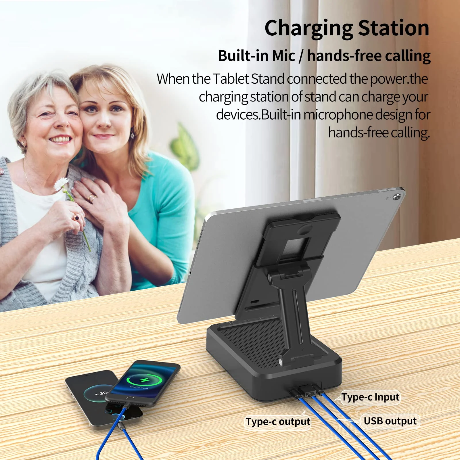 JTEMAN Tablet Stand Adjustable with Bluetooth Speakers,Kitchen Gadgets,Gifts for Women Men,Wireless Bluetooth Speaker Tablet Holder,Desk Mic Charging Sation Compatible with Phones and Tablet Silver Black - Image 4