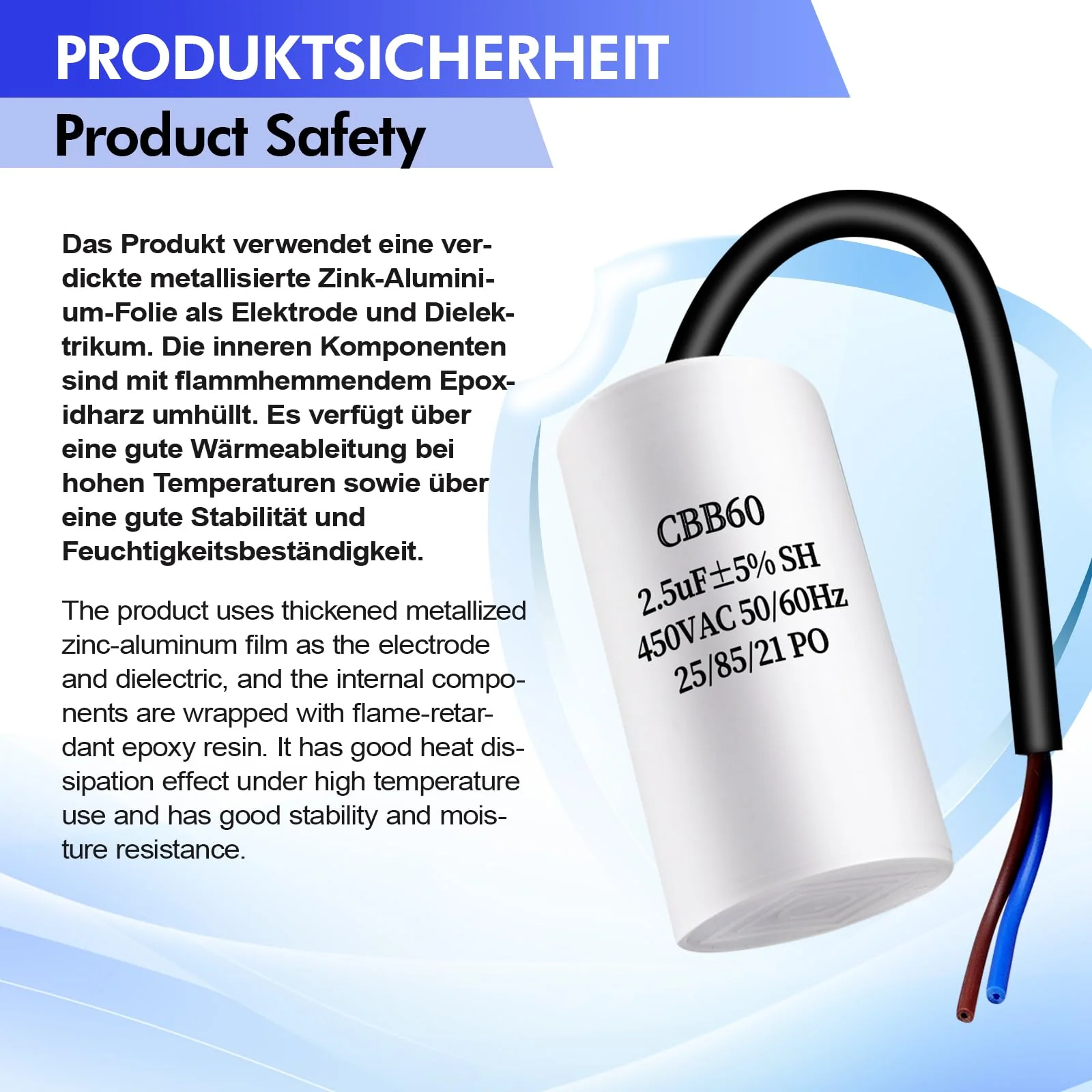 JUNUNDJING CBB60 450V 2.5uF 50/60HZ Starting Capacitor with 15 cm Extension Wire, Motor Operating Capacitor, AC Motor Capacitor, for Household Appliances such as Electric Motors and Air Conditioners - Image 4