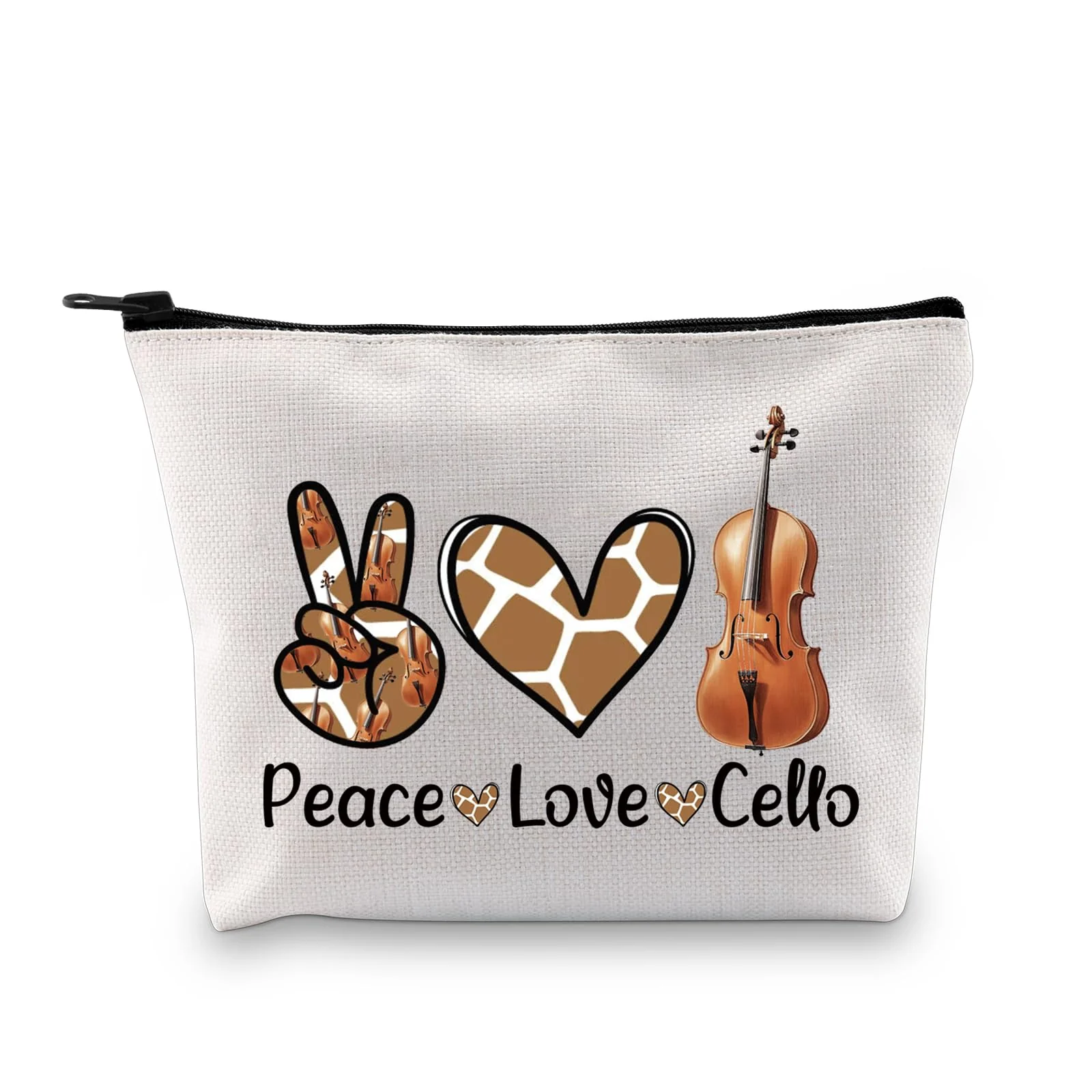 JXGZSO Musician Gift Cello Instrument Makeup Bag Peace Love Cello Toiletry Bag With Zipper Cello Lover Gift