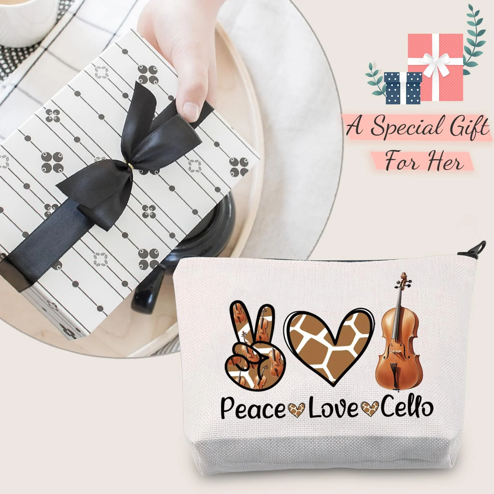 JXGZSO Musician Gift Cello Instrument Makeup Bag Peace Love Cello Toiletry Bag With Zipper Cello Lover Gift - Image 6
