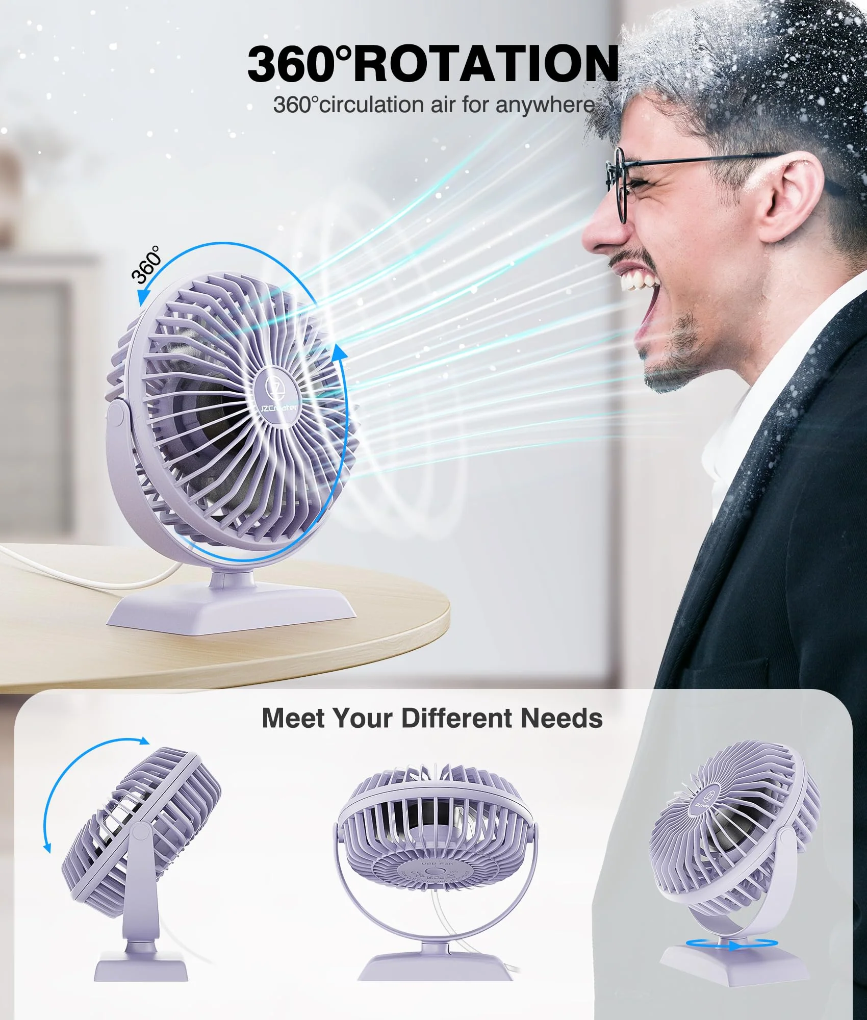 JZCreater Desk Fan, USB Fan for Desk, Strong Airflow, 360 Degree Rotation Desktop Cooling Personal 3 Speed, Quiet Mini Powered, Protable Small Home Office Bedroom Car Travel,Purple 4.9inch JZC-E282 1 Purple - Image 4