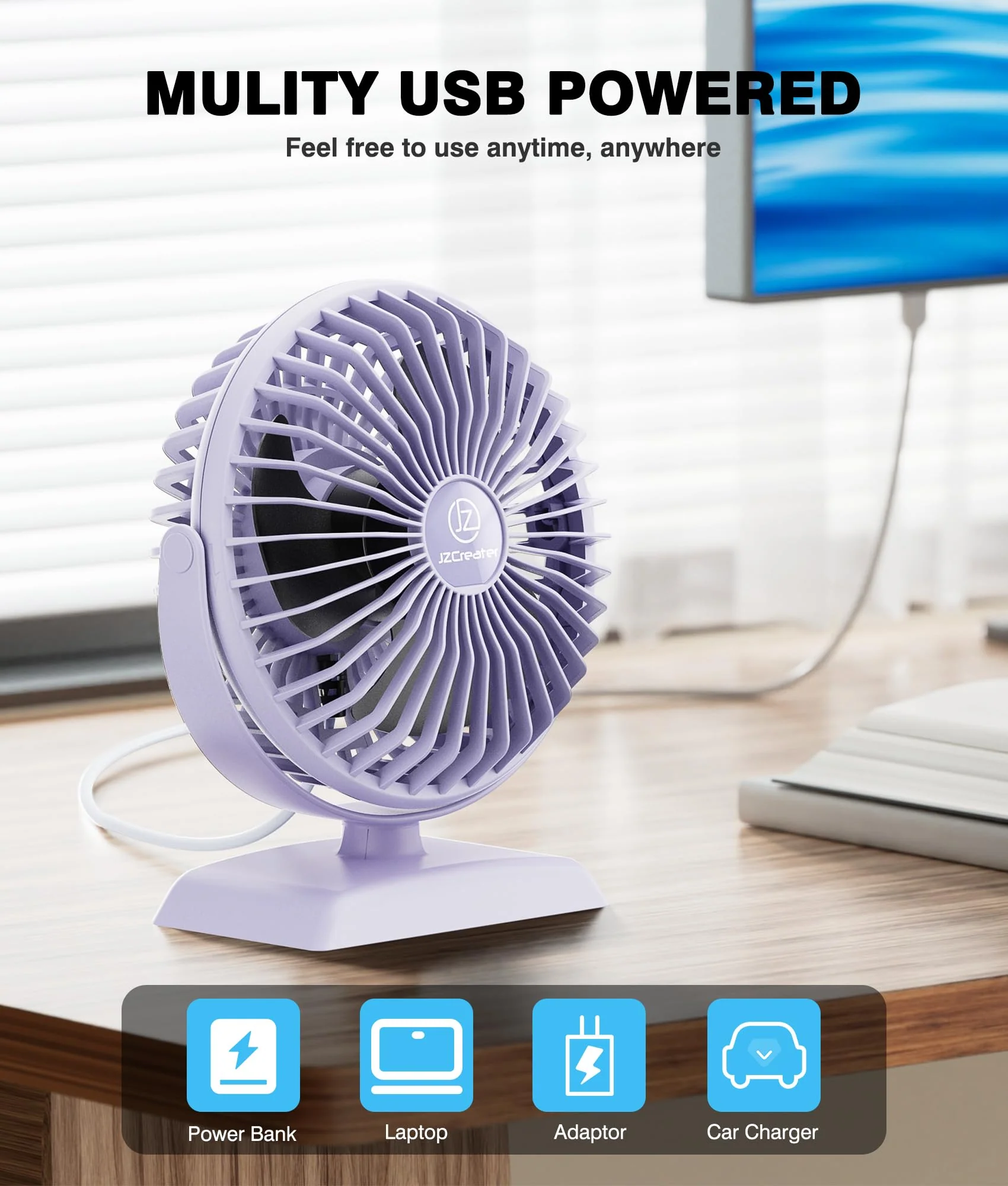 JZCreater Desk Fan, USB Fan for Desk, Strong Airflow, 360 Degree Rotation Desktop Cooling Personal 3 Speed, Quiet Mini Powered, Protable Small Home Office Bedroom Car Travel,Purple 4.9inch JZC-E282 1 Purple - Image 5