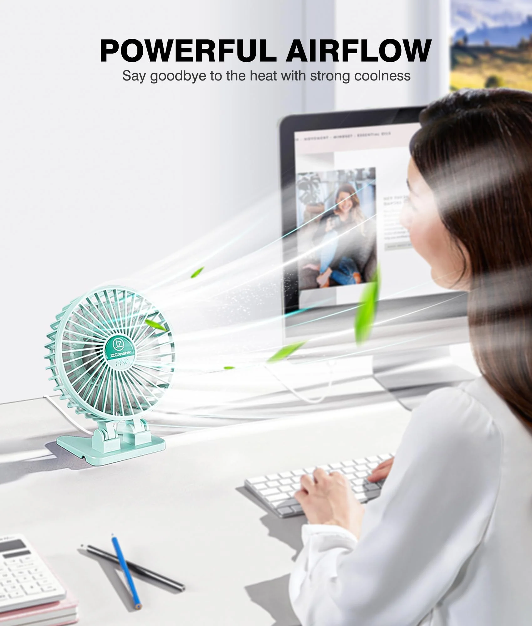 JZCreater USB Desk Fan, Mini Fan Portable, 3 Speeds Desktop Table Cooling Fan, Plug in Power Fan, Rotation Strong Wind, Quiet Personal Small Fan for Home Desktop Office Travel Bedroom, Apple Green - Image 2