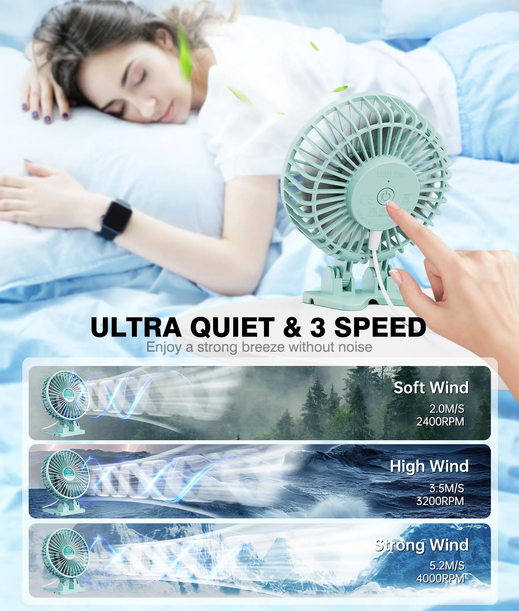 JZCreater USB Desk Fan, Mini Fan Portable, 3 Speeds Desktop Table Cooling Fan, Plug in Power Fan, Rotation Strong Wind, Quiet Personal Small Fan for Home Desktop Office Travel Bedroom, Apple Green - Image 4