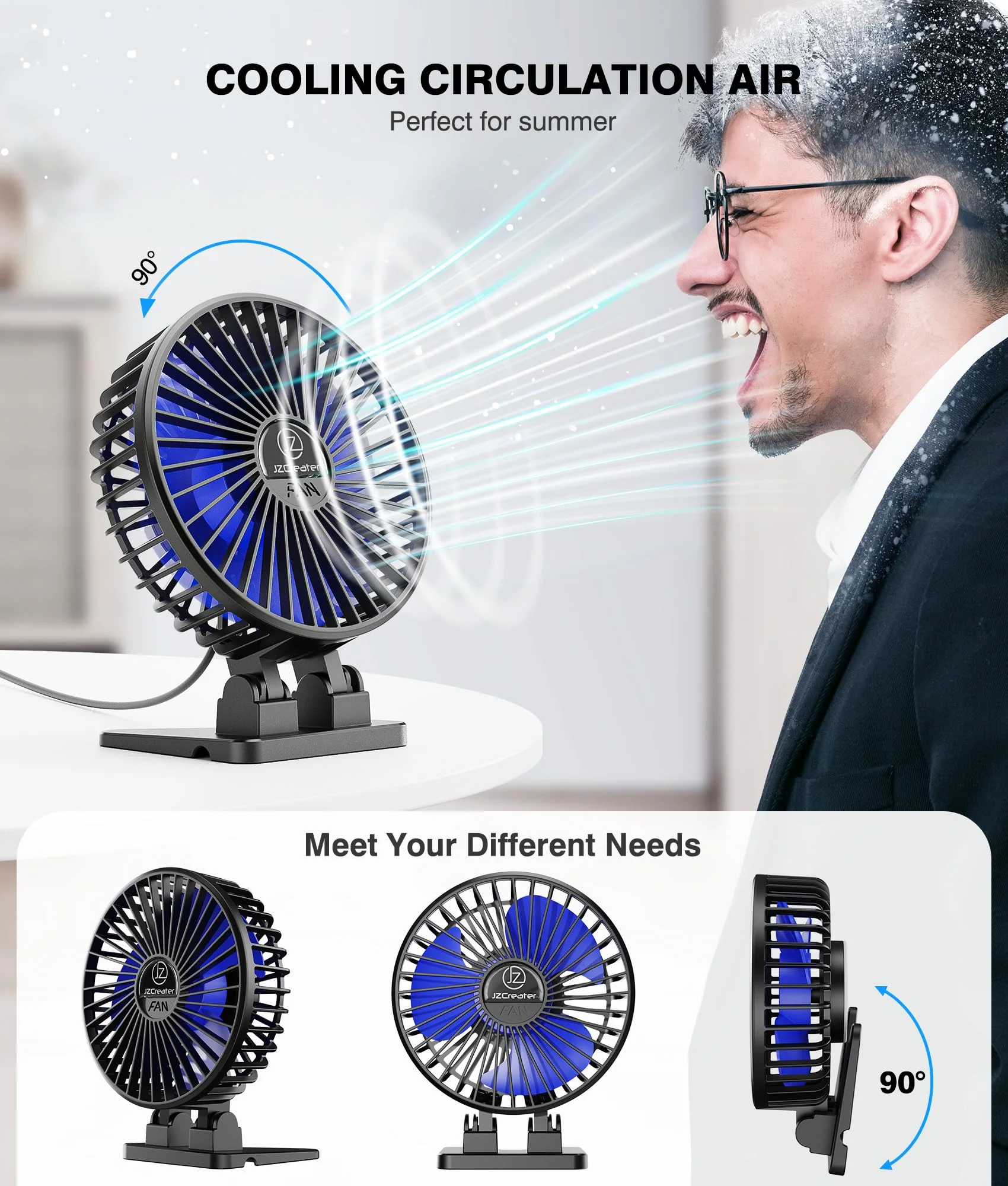 JZCreater USB Desk Fan, Mini Fan Portable, 3 Speeds Desktop Table Cooling Fan, Plug in Power Fan, Rotation Strong Wind, Quiet Personal Small Fan for Home Desktop Office Travel Bedroom, Black (2Pack) Black 2Pack - Image 4