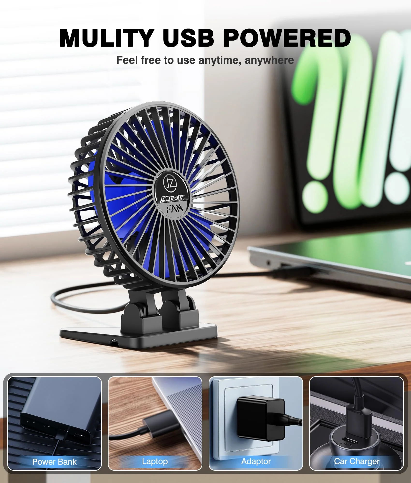 JZCreater USB Desk Fan, Mini Fan Portable, 3 Speeds Desktop Table Cooling Fan, Plug in Power Fan, Rotation Strong Wind, Quiet Personal Small Fan for Home Desktop Office Travel Bedroom, Black (2Pack) Black 2Pack - Image 5
