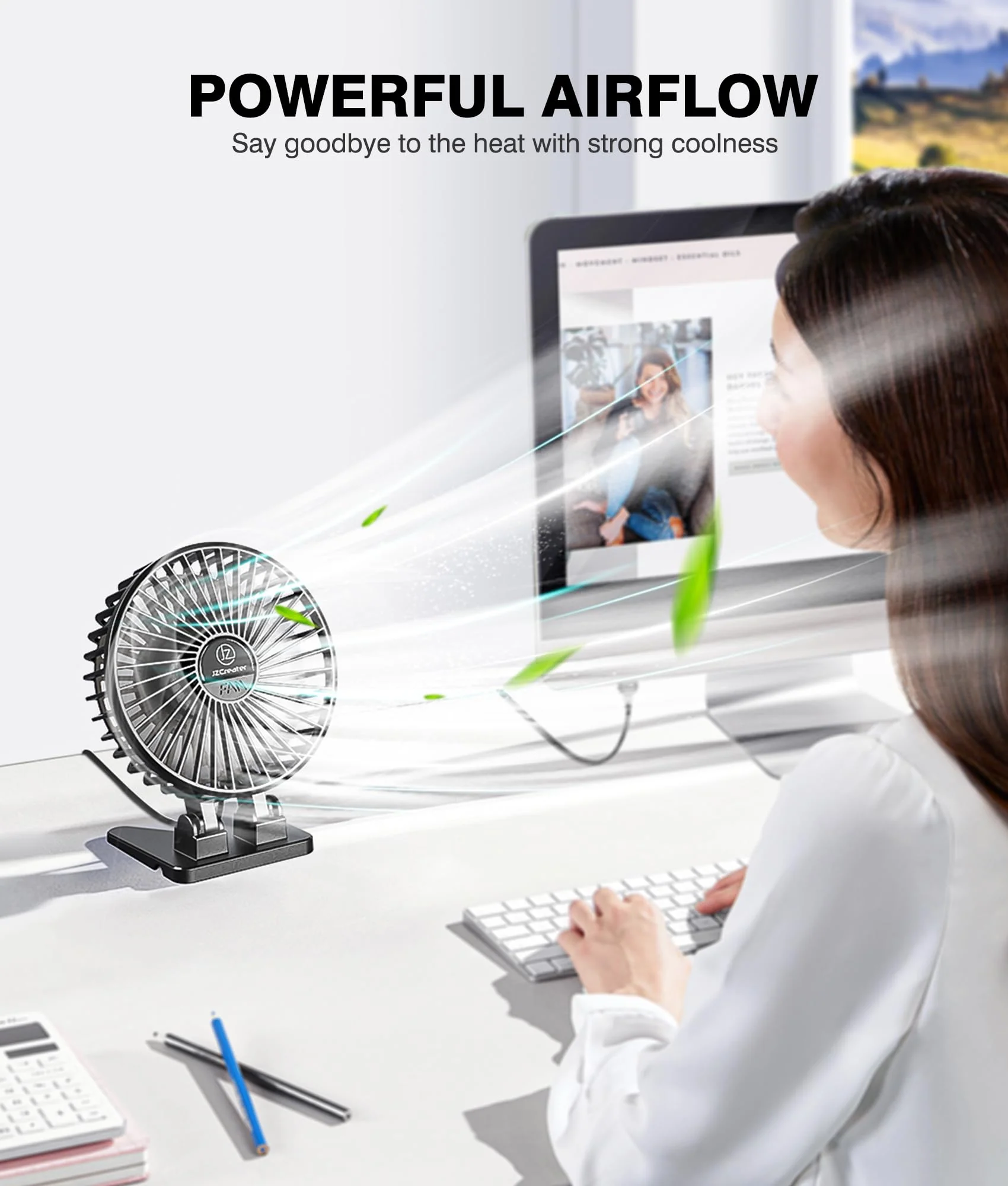 JZCreater USB Desk Fan, Mini Fan Portable, 3 Speeds Desktop Table Cooling Fan, USB Power Fan, Rotation Strong Wind, Quiet Personal Small Fan for Home Desktop Office Travel Bedroom, Deep Black(2Pack) Deep Black 2Pack - Image 2