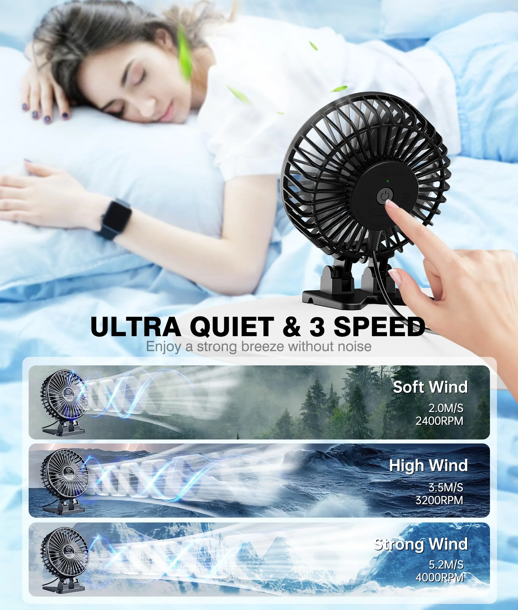 JZCreater USB Desk Fan, Mini Fan Portable, 3 Speeds Desktop Table Cooling Fan, USB Power Fan, Rotation Strong Wind, Quiet Personal Small Fan for Home Desktop Office Travel Bedroom, Deep Black(2Pack) Deep Black 2Pack - Image 3