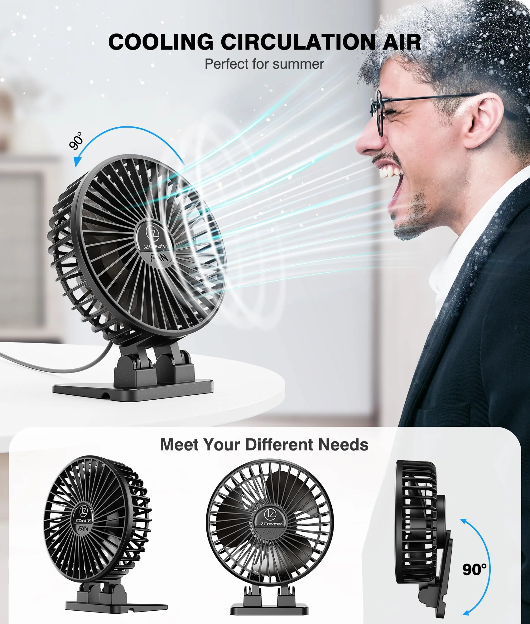 JZCreater USB Desk Fan, Mini Fan Portable, 3 Speeds Desktop Table Cooling Fan, USB Power Fan, Rotation Strong Wind, Quiet Personal Small Fan for Home Desktop Office Travel Bedroom, Deep Black(2Pack) Deep Black 2Pack - Image 4