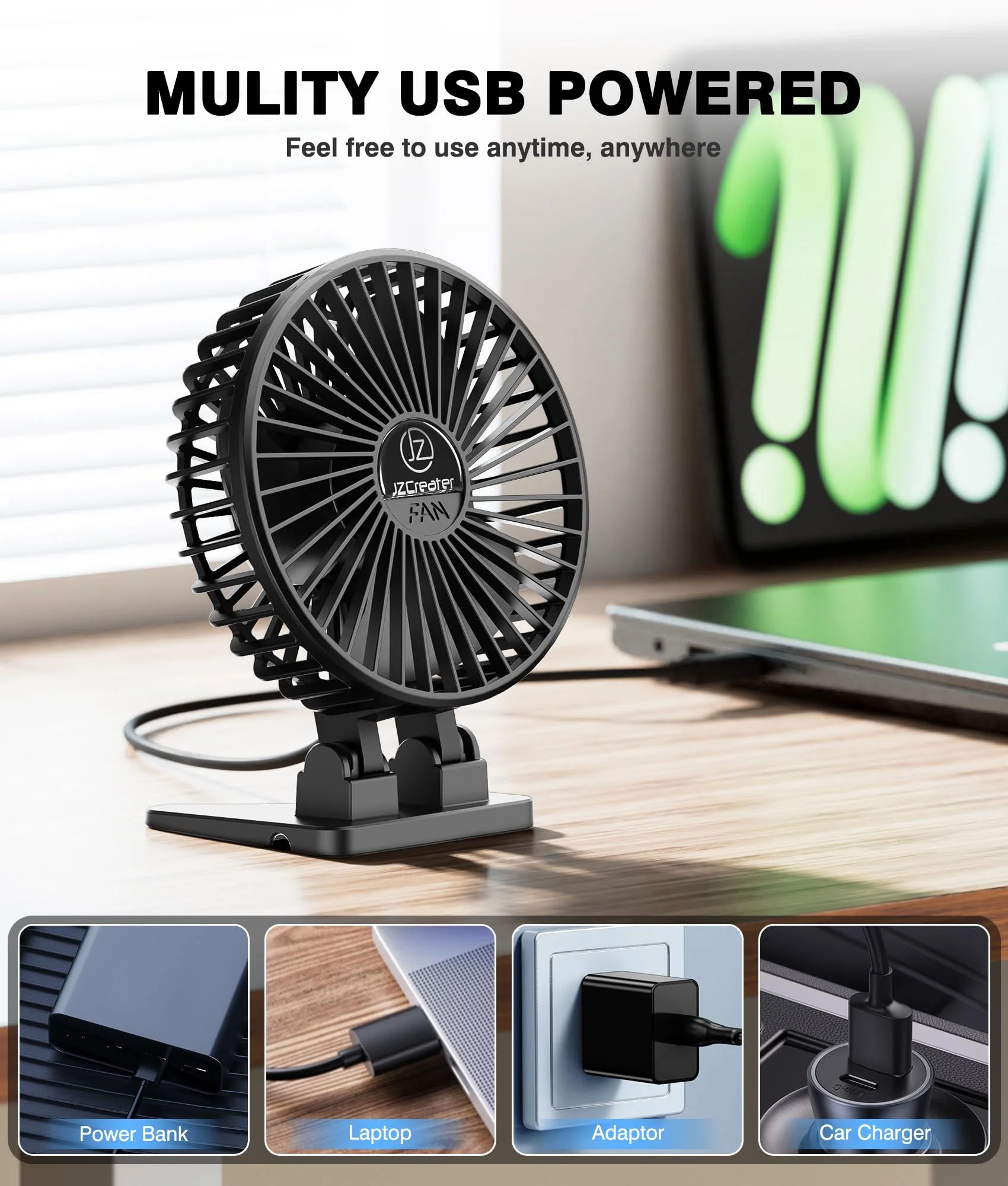 JZCreater USB Desk Fan, Mini Fan Portable, 3 Speeds Desktop Table Cooling Fan, USB Power Fan, Rotation Strong Wind, Quiet Personal Small Fan for Home Desktop Office Travel Bedroom, Deep Black(2Pack) Deep Black 2Pack - Image 5