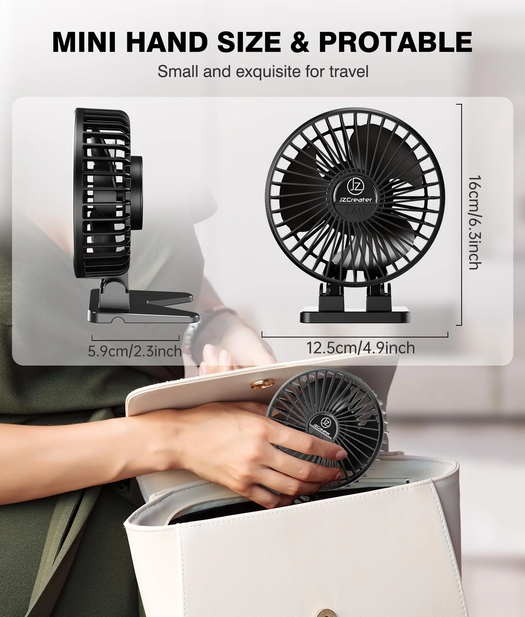 JZCreater USB Desk Fan, Mini Fan Portable, 3 Speeds Desktop Table Cooling Fan, USB Power Fan, Rotation Strong Wind, Quiet Personal Small Fan for Home Desktop Office Travel Bedroom, Deep Black(2Pack) Deep Black 2Pack - Image 6