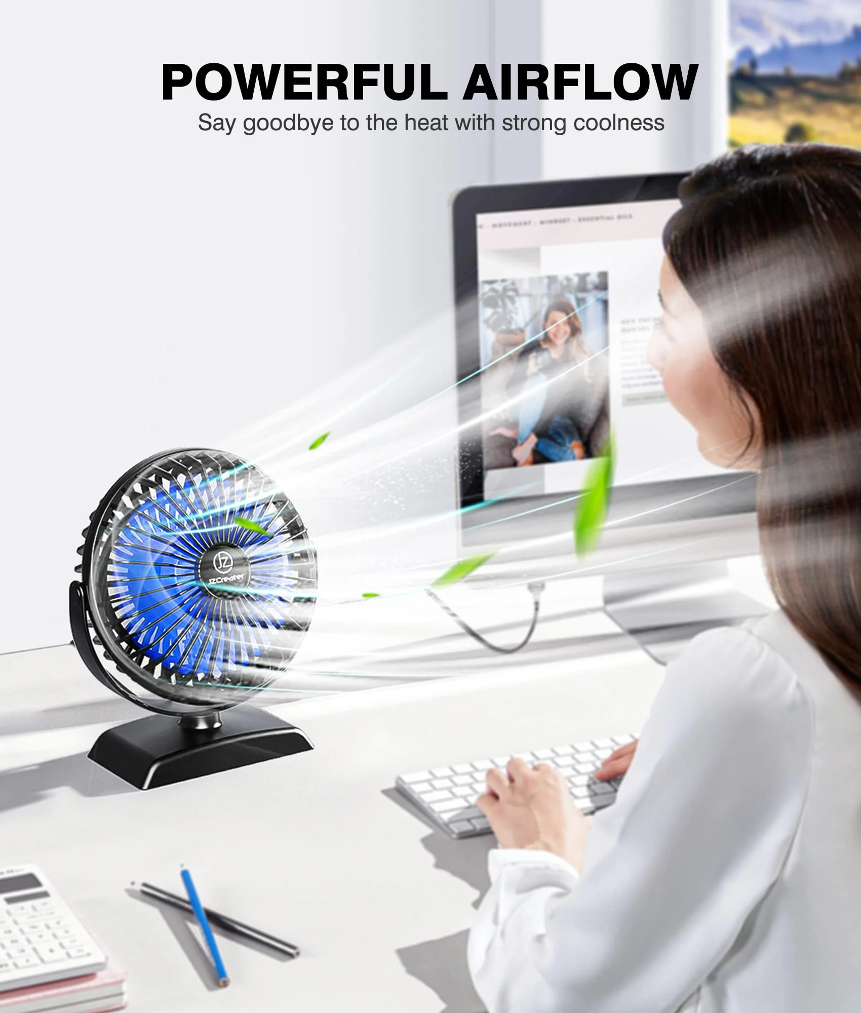 JZCreater USB Desk Fan, USB Fan Mini, 360 Rotation Desktop Fan with 3 Speed, Table Personal Cooling Fan, Quiet Mini Desk Fan, USB Powered, Small Fan for Home Office Bedroom Car Travel,Black 1 Black+Blue - Image 2