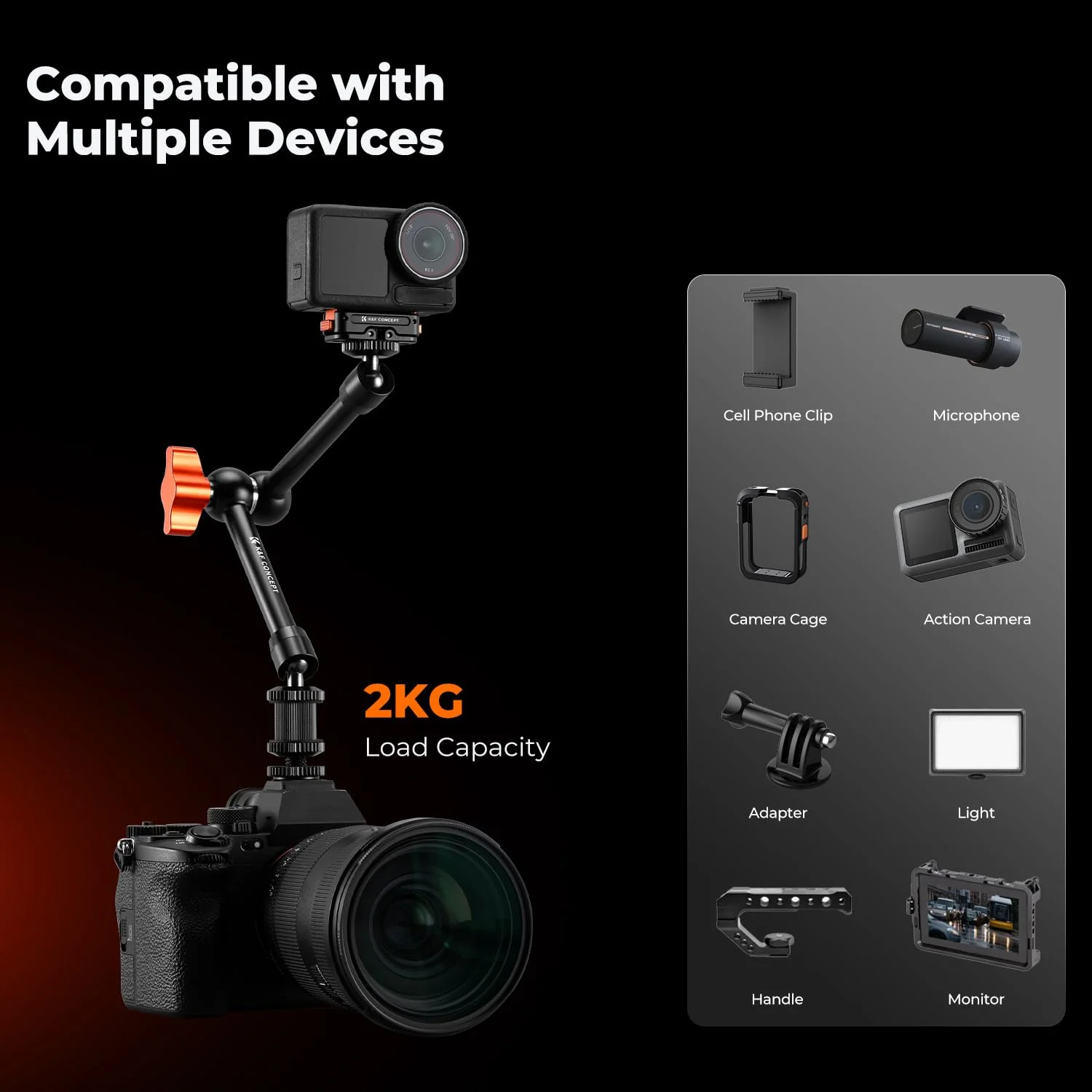 K&F CONCEPT 9.8" Magic Arm Clamp with Cold Shoes 360° Ball Heads Camera Arm Mount for Monitor/Flash/Microphone/DSLR Camera 9.8" with cold shoes - Image 4