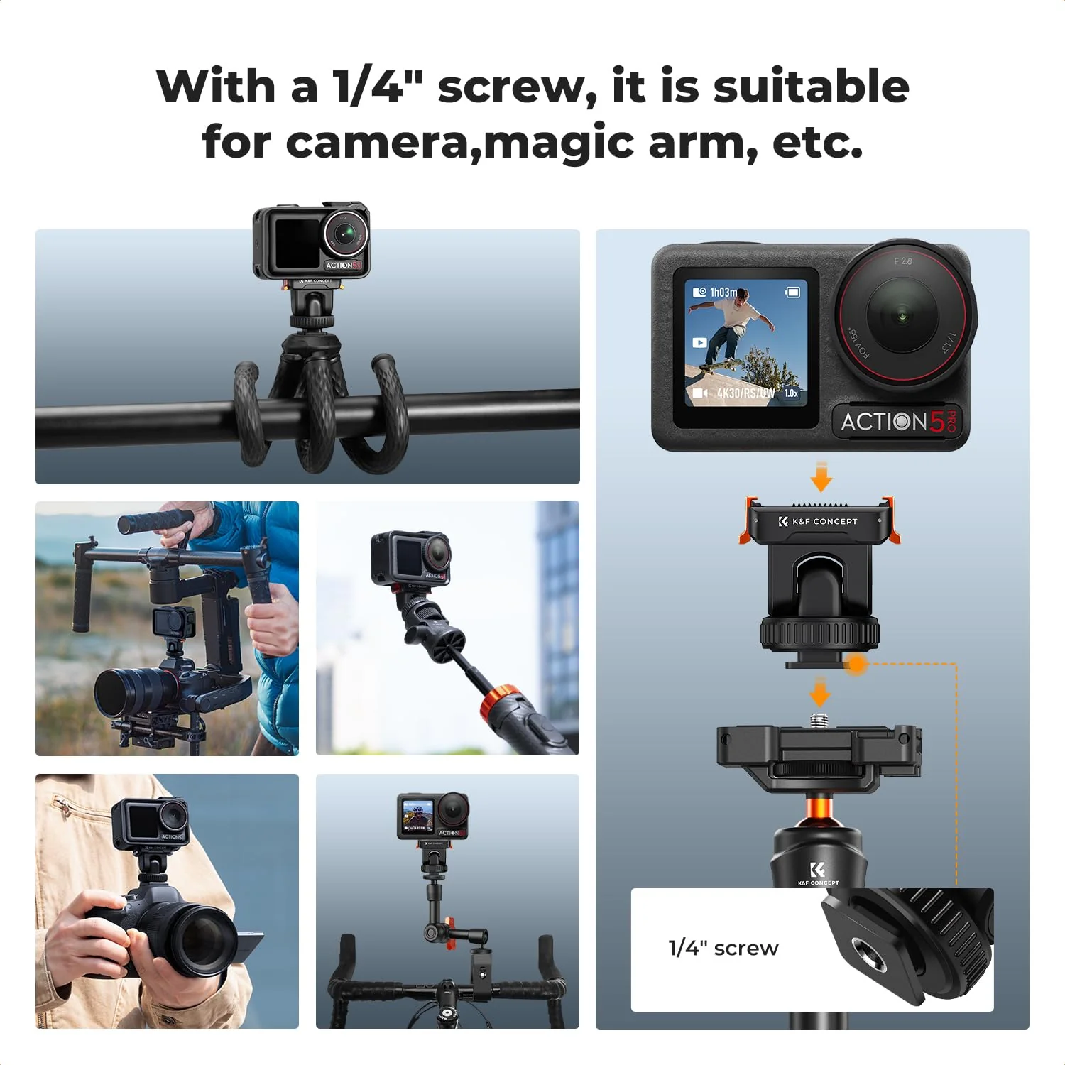 K&F CONCEPT Cold Shoe Action Camera Magnetic Quick Mount Holder, Tripod Mount for DJI Osmo Action 5 Pro Hot Shoe Camera Adapter with 1/4" Screw Hole for Osmo Action 3/4 DSLR Photography Accessories - Image 6