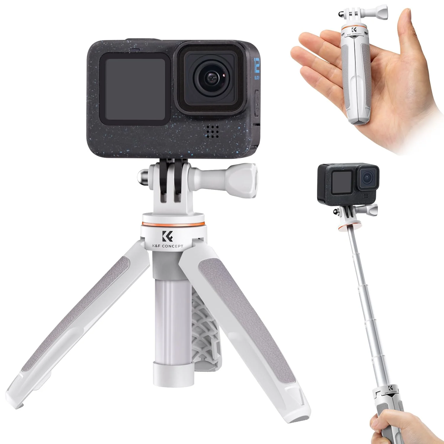 K&F Concept Selfie Stick Tripod for GoPro, Extendable Vlog Selife Stick Portable Stand Compatible with GoPro Hero 12/11/10/9/8/7/6/5/GoPro Max/DJI Osmo Action/Insta 360/AKASO Action Camera 32CM Grey