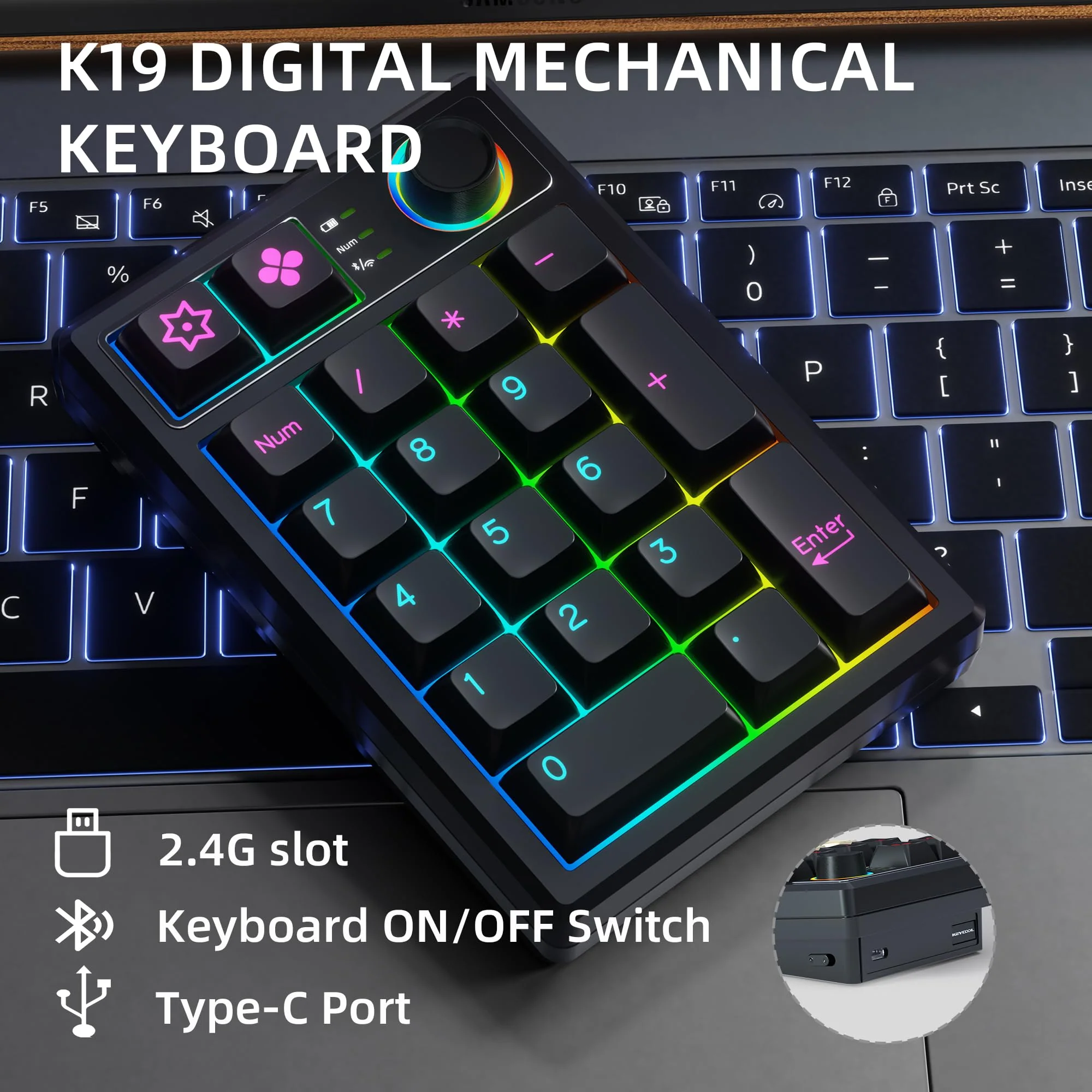 K19 Wireless Numeric Keyboard, Mechanical Number Keypad Hot-swappable Bluetooth Numpad 5.0/2.4GHz, RGB Multi-Function Knob Numerical Keyboard for Laptop Mac Win iOS Android Black - Image 2