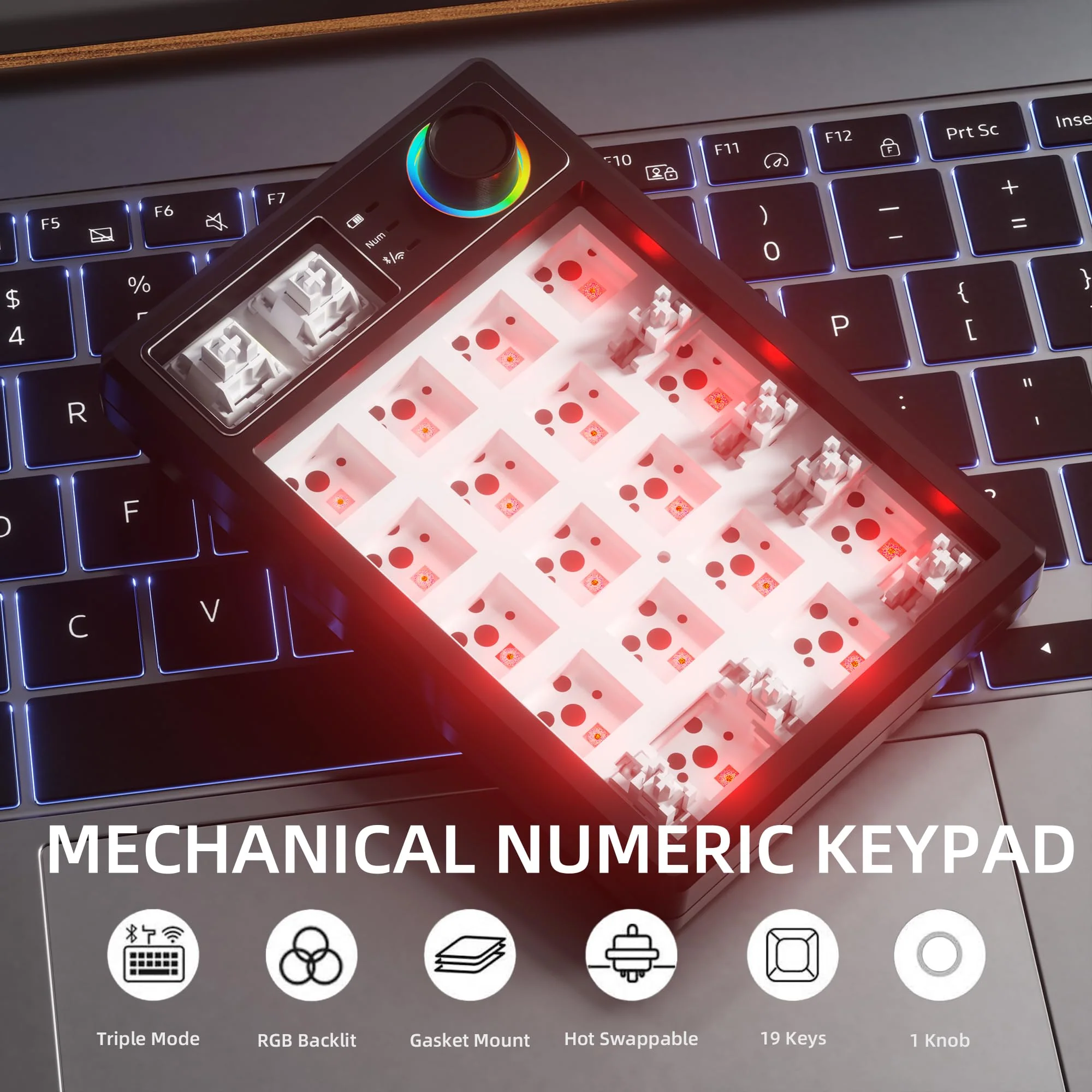 K19 Wireless Numeric Keyboard, Mechanical Number Keypad Hot-swappable Bluetooth Numpad 5.0/2.4GHz, RGB Multi-Function Knob Numerical Keyboard for Laptop Mac Win iOS Android Black - Image 5