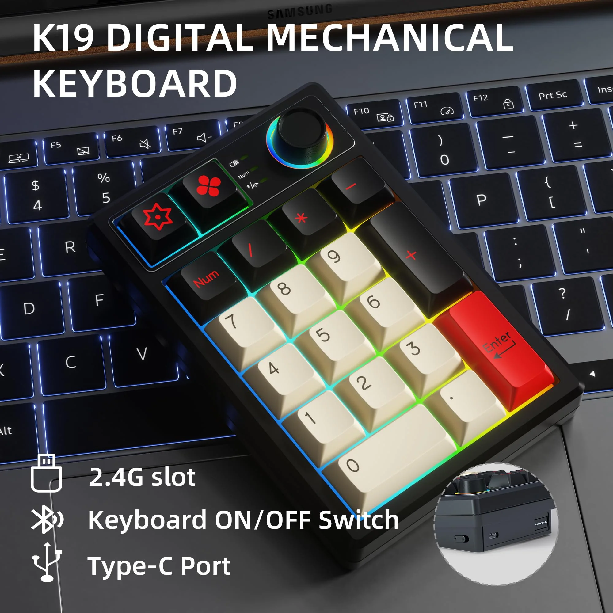 K19 Wireless Numeric Keyboard, Mechanical Number Keypad Hot-swappable Bluetooth Numpad 5.0/2.4GHz, RGB Multi-Function Knob Numerical Keyboard for Laptop Mac Win iOS Android Earl Red - Image 4