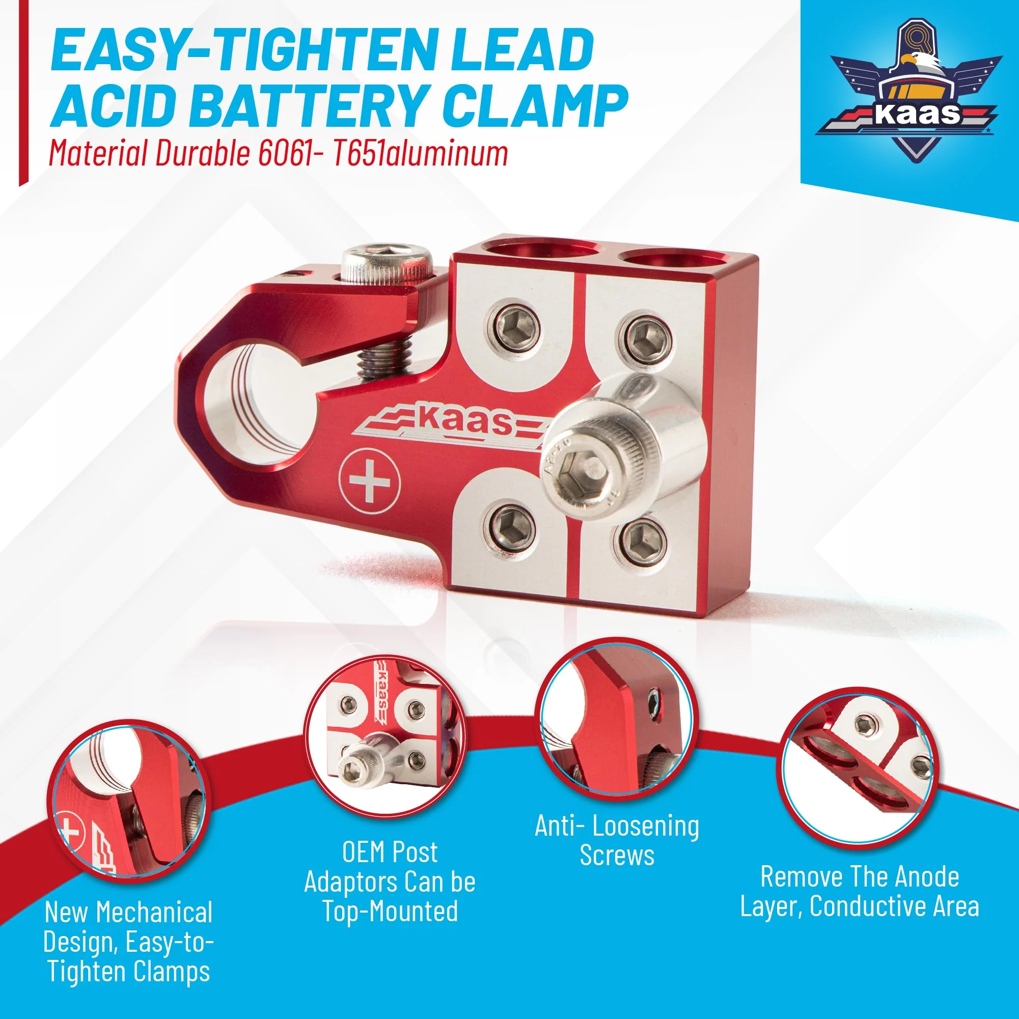 Kaas Lead Acid Battery Terminal Clamps, Positive and Negative Set, for SAE/DIN/EN Tapered Top Post, 4-Way Connectors, Compatible with 8AWG to 4/0 AWG, Includes OEM Top Post Adapter YM-BTC005 - Image 2