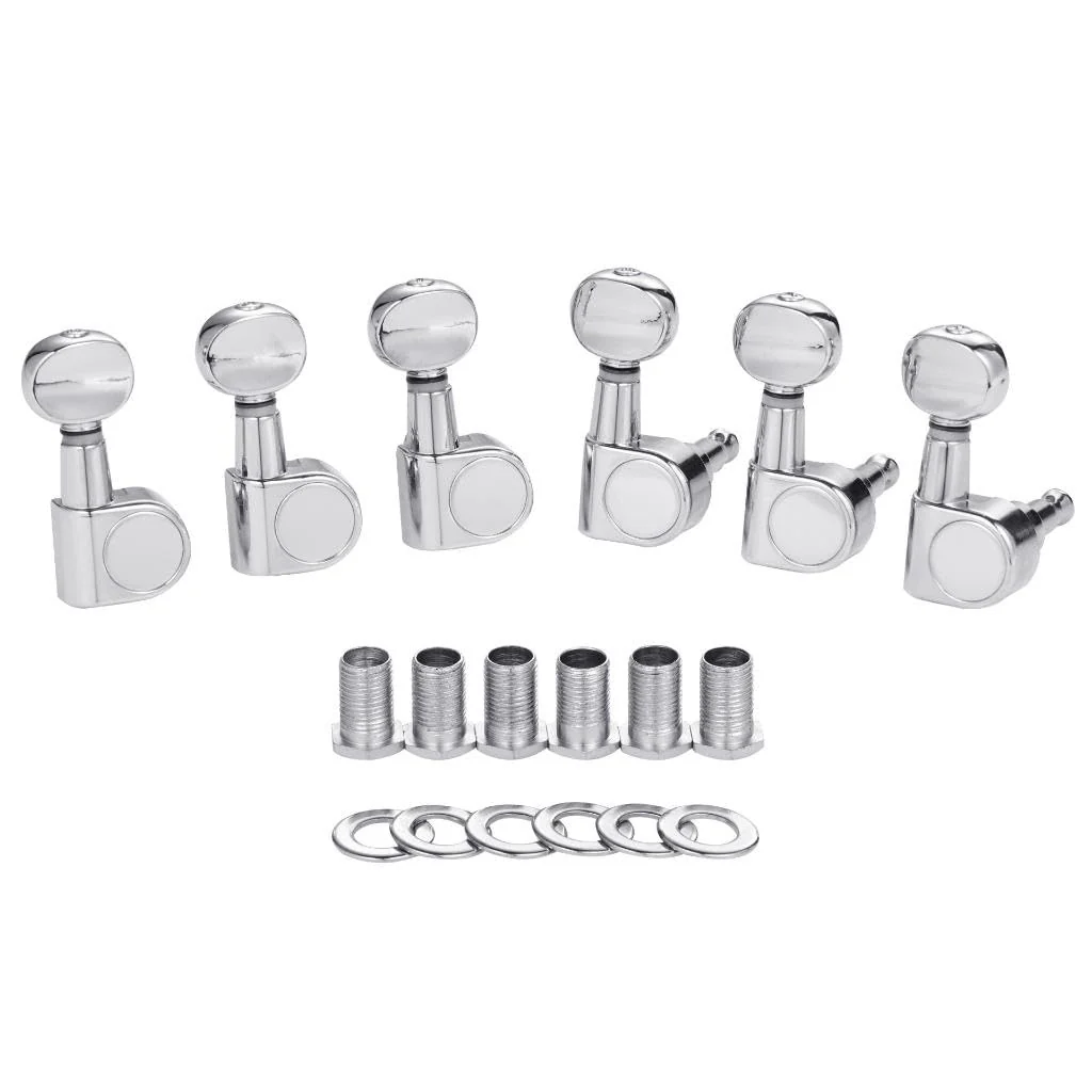 KAISH 6 Inline Guitar 2 Pin Tuners Tuning Keys Pegs Dual Pin Tuning Machine Heads for Squier Strat/Tele/Ibanez/Yamaha/Import Style Guitars Mini Oval Button Chrome