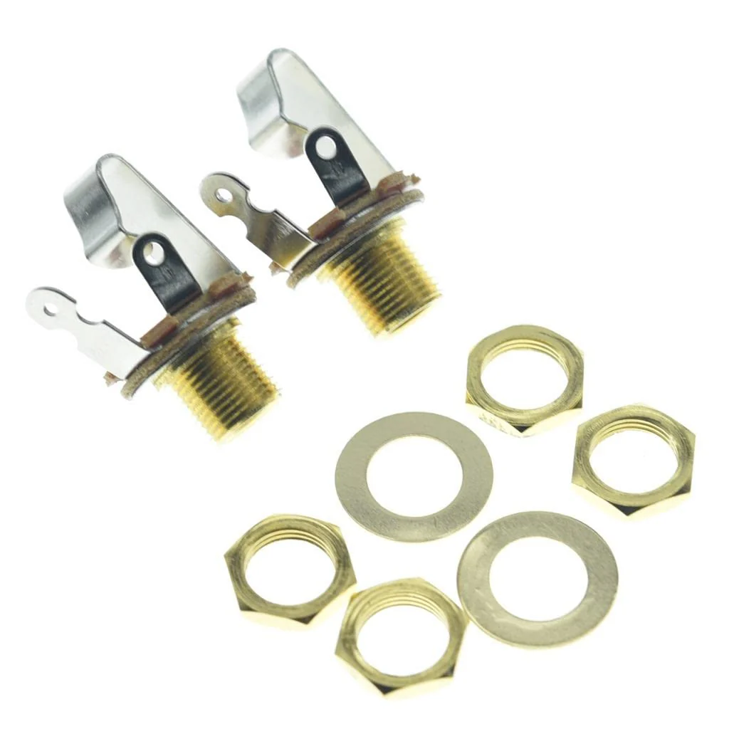 KAISH Gold Premium 2-Pack Brass Material American Thread Audio 1/4" Female Guitar/Bass Output/Input Jack 6.35mm TS Mono Panel Mount Jack Socket with Nuts and Washer American 3/8"-32 Thread 2pcs Gold