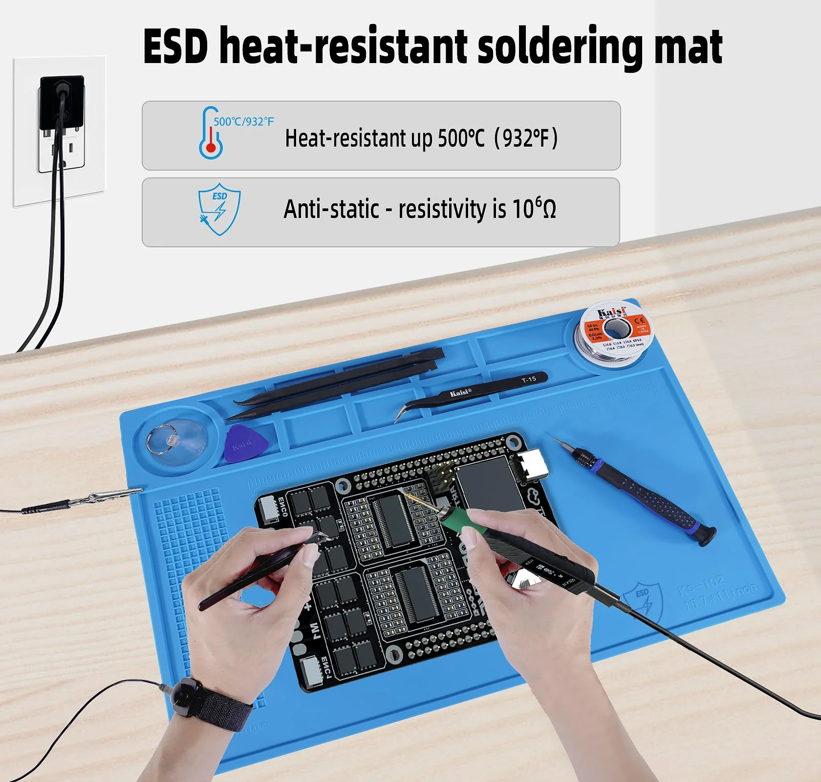 Kaisi Anti-Static Mat with ESD Wrist Strap and Grounding kit, Silicone Soldering Repair Work Mat 932°F Heat Resistant ESD Safe pad for Electronic, Phone, iPhone, iPad, iMac, Laptop, Computer, Watch - Image 4