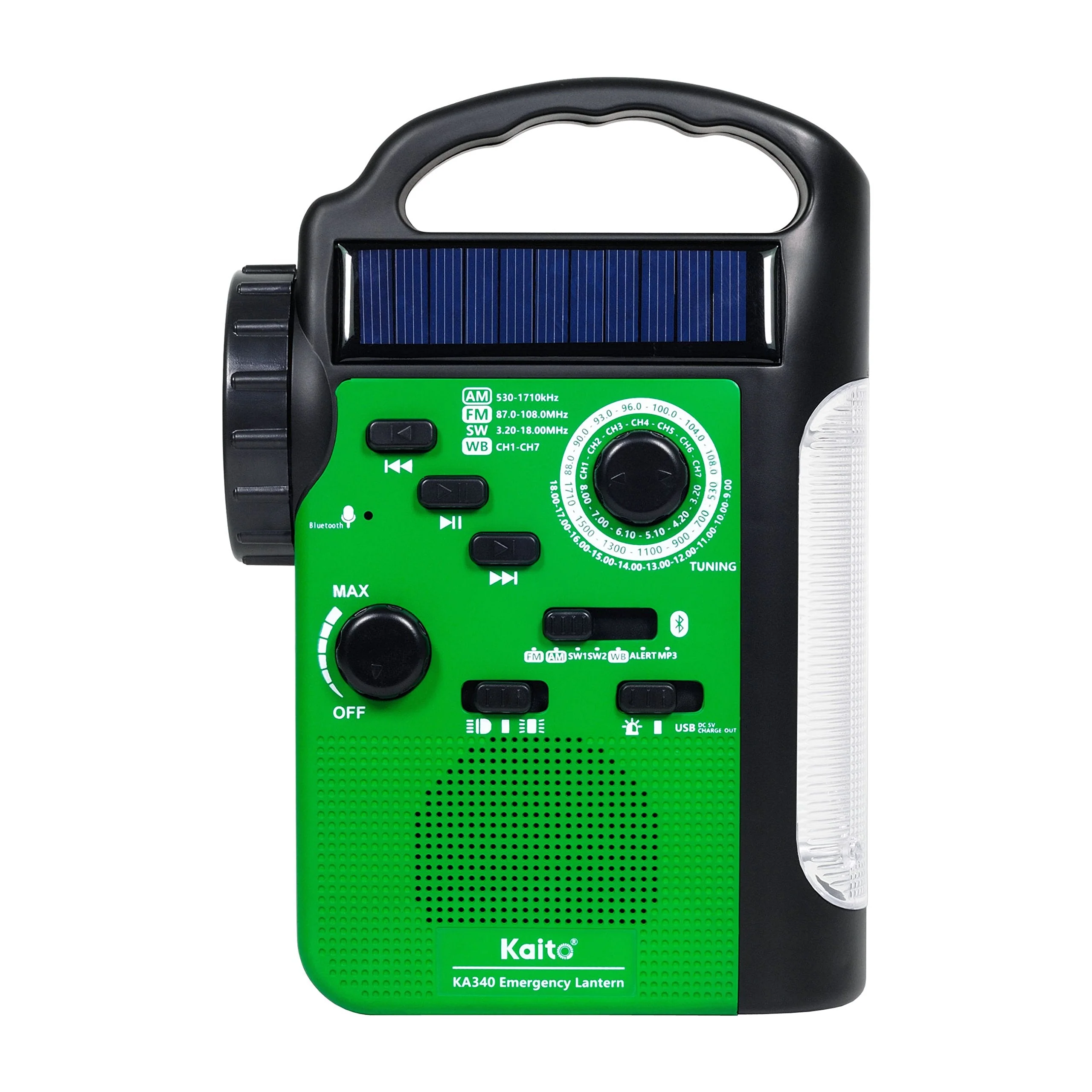 Kaito KA340 Solar Dynamo Hand Crank Rechargeable LED Camping Lantern for Emergency AM/FM/SW NOAA Weather Alert Solar Radio with Bluetooth, Flashlight, Phone Charger, MP3 Player & Siren (Green) Green