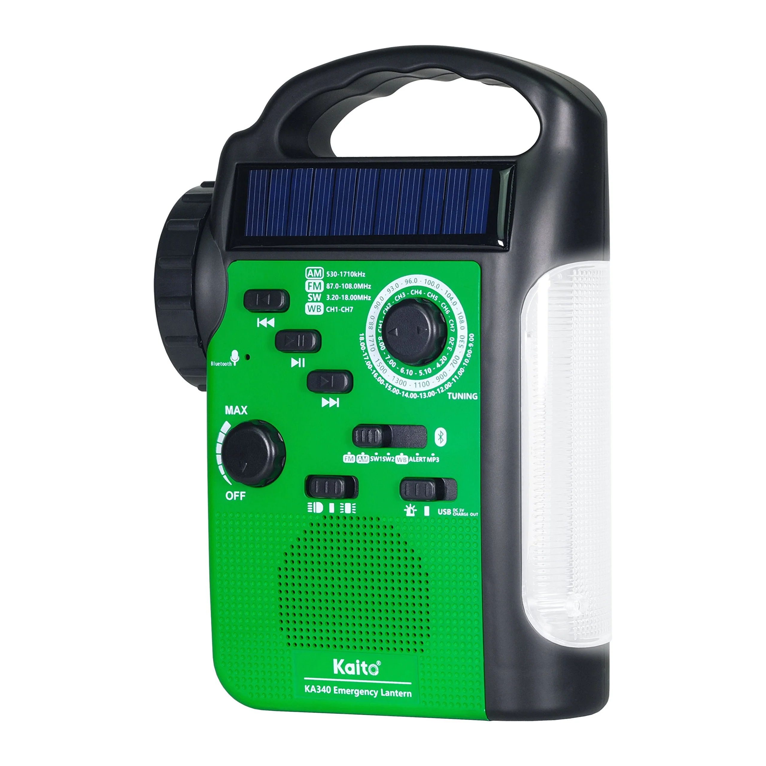 Kaito KA340 Solar Dynamo Hand Crank Rechargeable LED Camping Lantern for Emergency AM/FM/SW NOAA Weather Alert Solar Radio with Bluetooth, Flashlight, Phone Charger, MP3 Player & Siren (Green) Green - Image 2