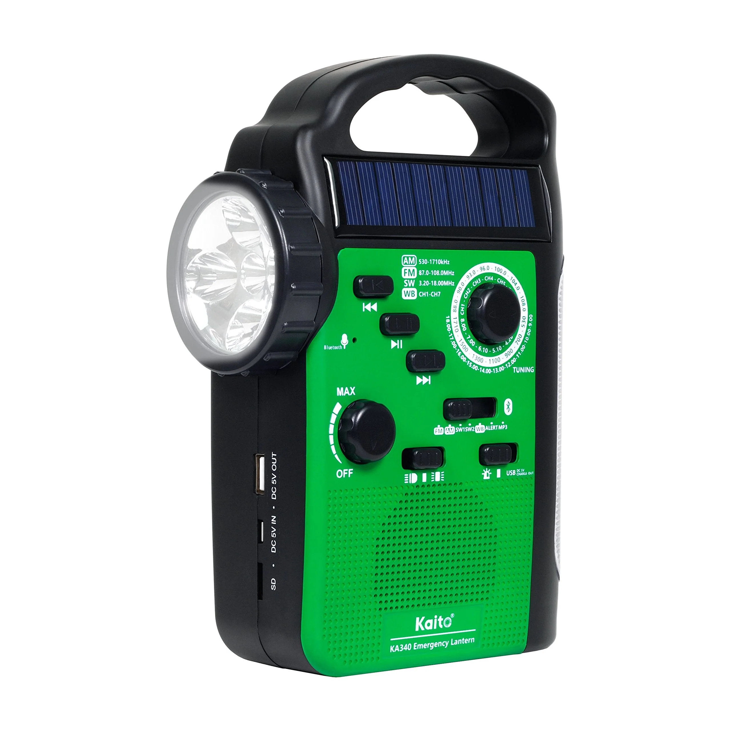Kaito KA340 Solar Dynamo Hand Crank Rechargeable LED Camping Lantern for Emergency AM/FM/SW NOAA Weather Alert Solar Radio with Bluetooth, Flashlight, Phone Charger, MP3 Player & Siren (Green) Green - Image 3