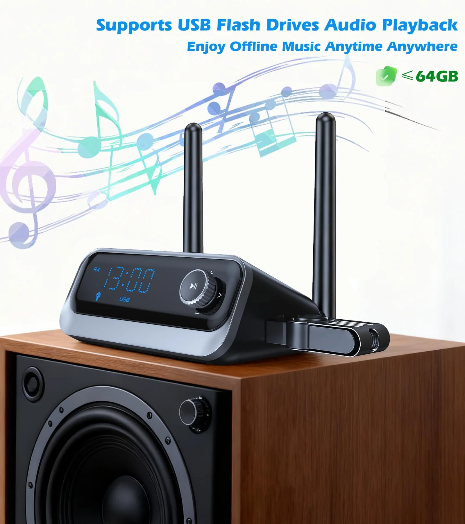 KAIY Bluetooth Receiver for Home Stereo, Low Latency Optical & Coaxial Bluetooth Audio Adapter with 3.5mm AUX, Wireless Music Adapter for Vintage Amplifier & Wired Speakers, USB Drive Playback - Image 5