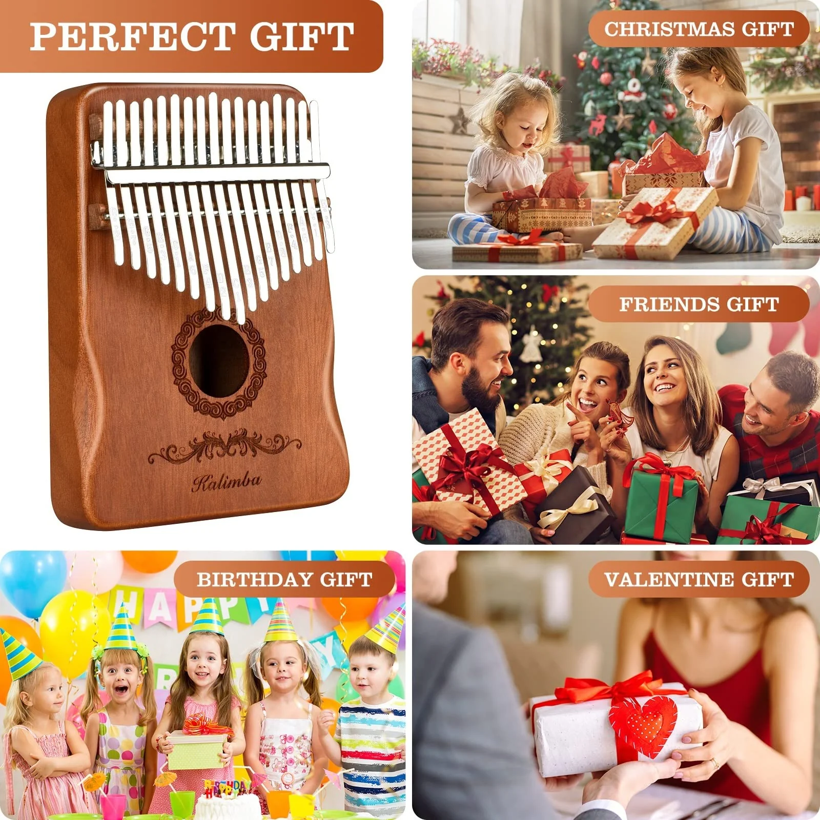 Kalimba Thumb Piano 17 Keys, Finger Piano Musical Instruments, Mbira Music Kids Gifts Adult Beginners Hand Pianos Brown - Image 6