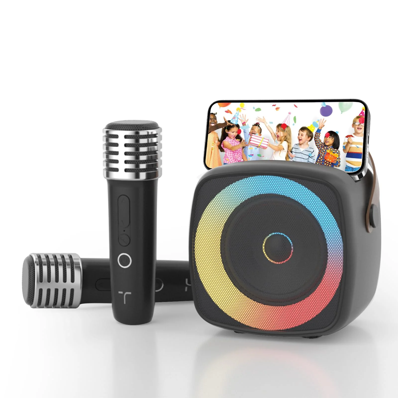 Karaoke Machine 2 Microphones for Home Party with Phone Holder, Wireless Portable Bluetooth Speaker with Dynamic Lights for Kids Adults Mini Voice Changer Mic Speaker Set for Halloween Christmas Girls Black