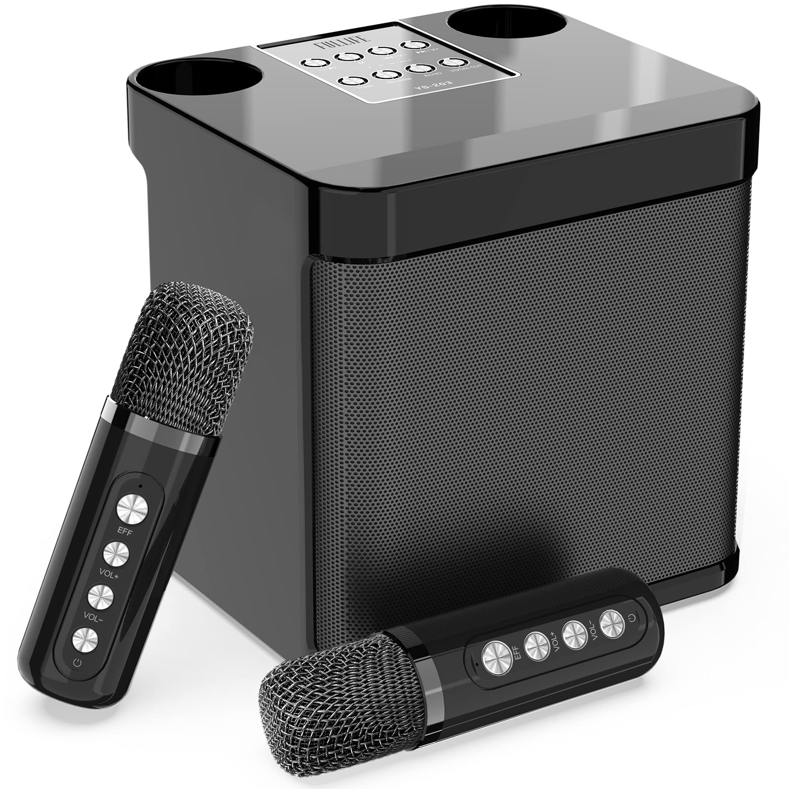 Karaoke Machine for Adults and Kids, FULLIFE Portable Bluetooth PA Speaker System with 2 UHF Wireless Microphones, Karaoke Speaker with Echo, Supports TF/USB, AUX in, for Home Party (YS203-Black) YS203-Black