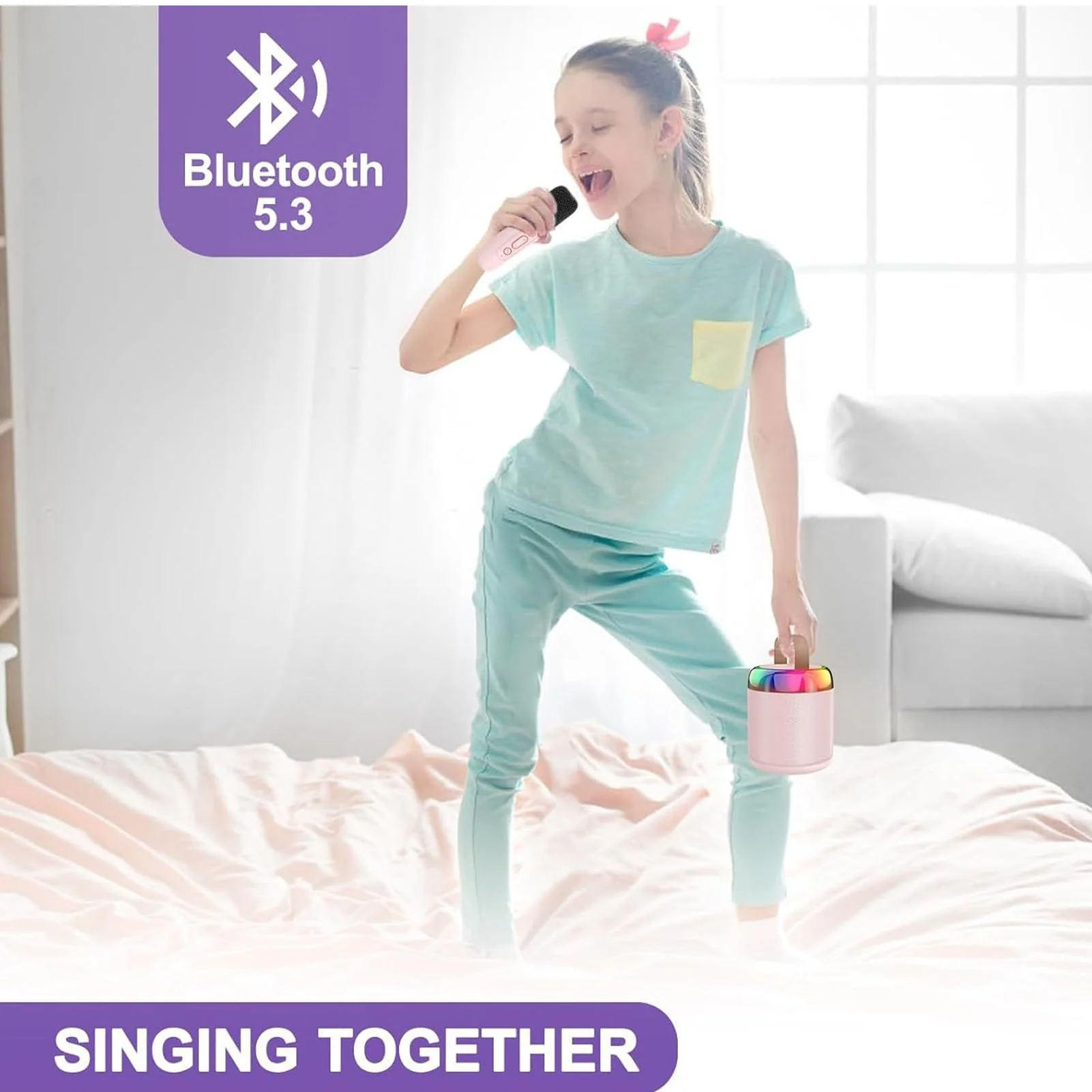 Karaoke Machine for Kids Adults, Mini Karaoke Machine BT Speaker with 2 Microphones, Rechargeable Voice Box Handheld Mic Karaoke Mic Speaker for Home Party KTV Singing - Image 6