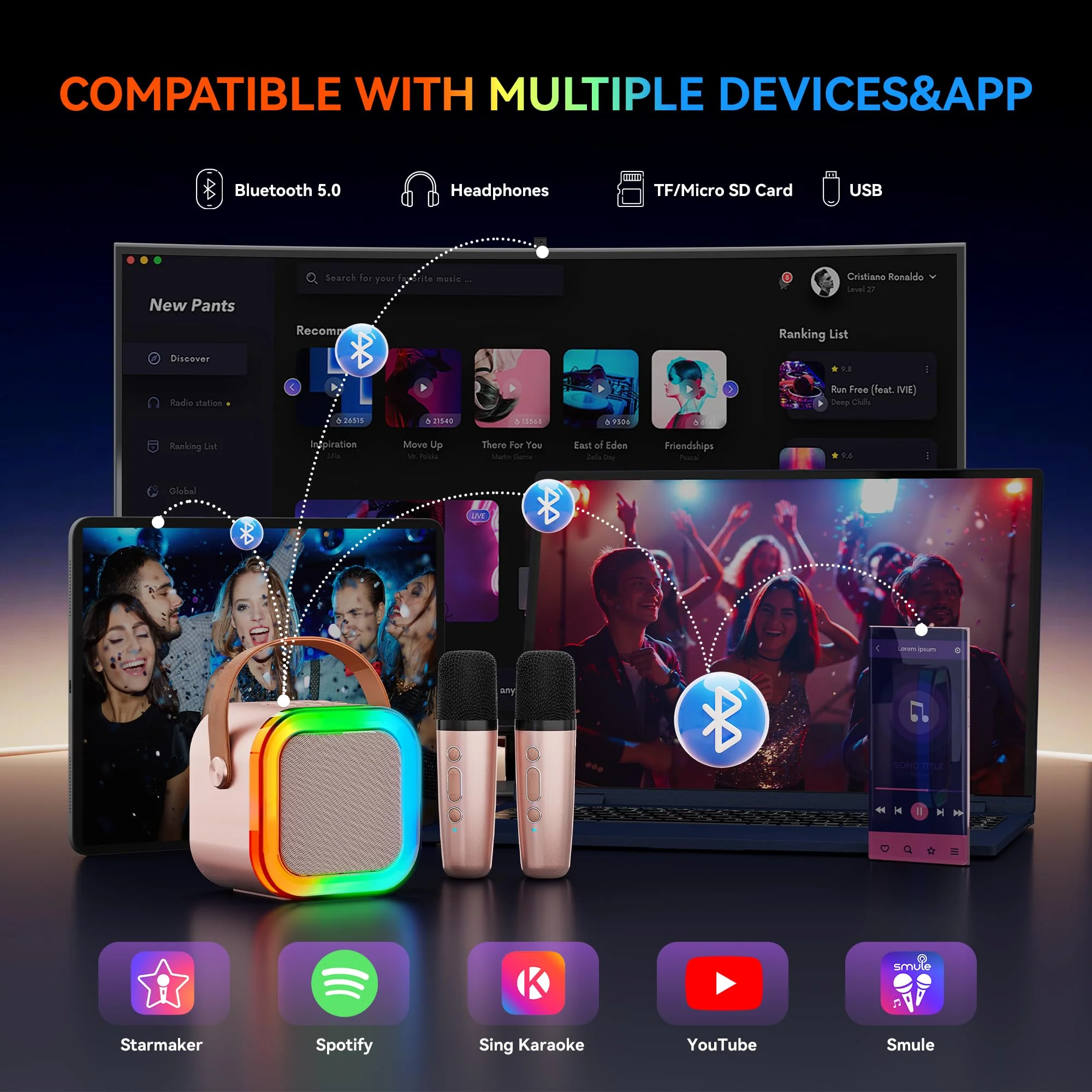 Karaoke Machine for Kids Adults, Portable Bluetooth Mini Karaoke Microphone Singing Speaker with 2 Wireless Mic and Light,Toys for All Smartphones,Birthday, Family,Home Party (Rose Gold) rose gold - Image 4