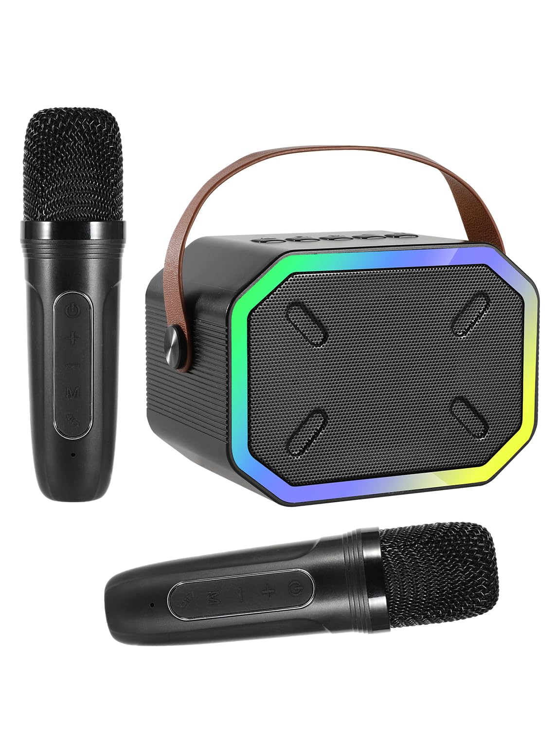 Karaoke Machine for Kids and Adults, Mini Portable Bluetooth Speaker with 2 Wireless Microphones, Led Lights for TV, Kids Gifts for Girls Boys Family Party Birthday (Black) Rectangle Black