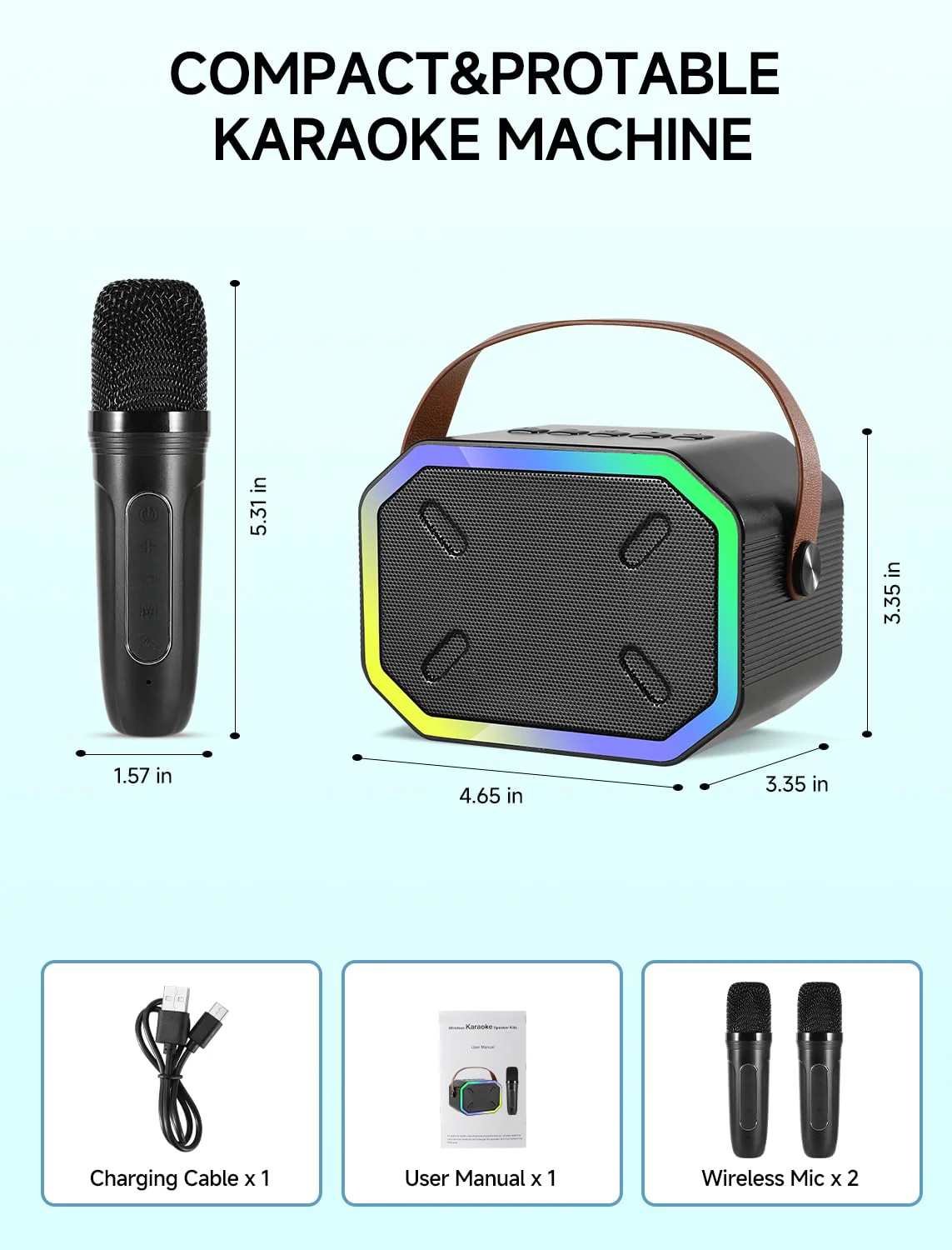 Karaoke Machine for Kids and Adults, Mini Portable Bluetooth Speaker with 2 Wireless Microphones, Led Lights for TV, Kids Gifts for Girls Boys Family Party Birthday (Black) Rectangle Black - Image 3