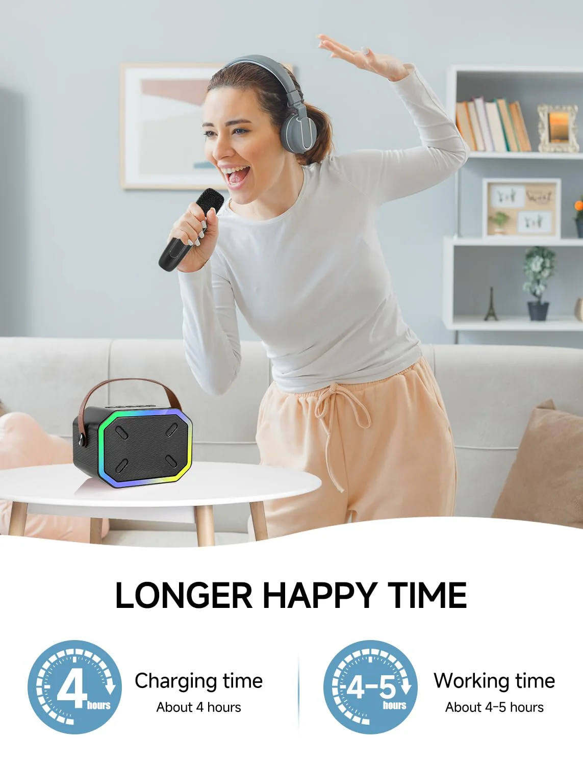 Karaoke Machine for Kids and Adults, Mini Portable Bluetooth Speaker with 2 Wireless Microphones, Led Lights for TV, Kids Gifts for Girls Boys Family Party Birthday (Black) Rectangle Black - Image 6