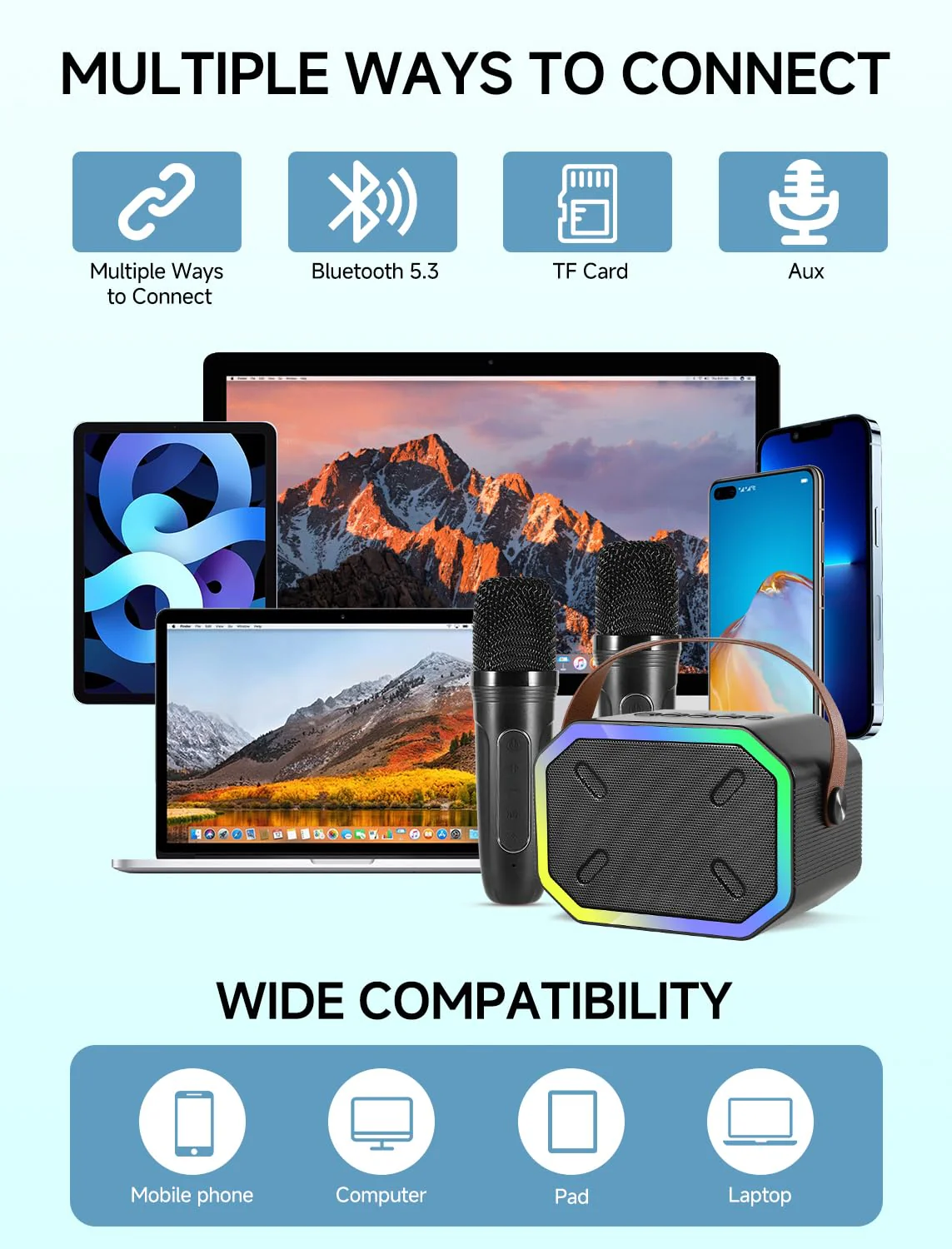 Karaoke Machine for Kids and Adults, Mini Portable Bluetooth Speaker with 2 Wireless Microphones, Led Lights for TV, Kids Gifts for Girls Boys Family Party Birthday (Black) Rectangle Black - Image 7