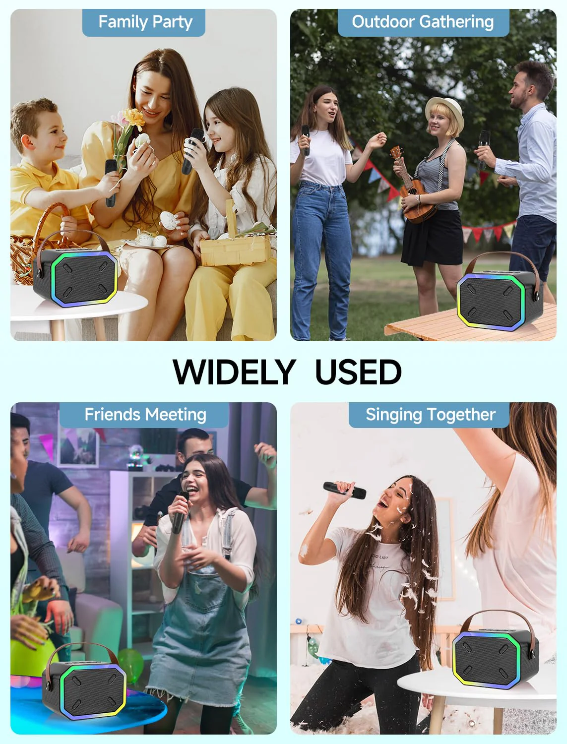 Karaoke Machine for Kids and Adults, Mini Portable Bluetooth Speaker with 2 Wireless Microphones, Led Lights for TV, Kids Gifts for Girls Boys Family Party Birthday (Black) Rectangle Black - Image 8