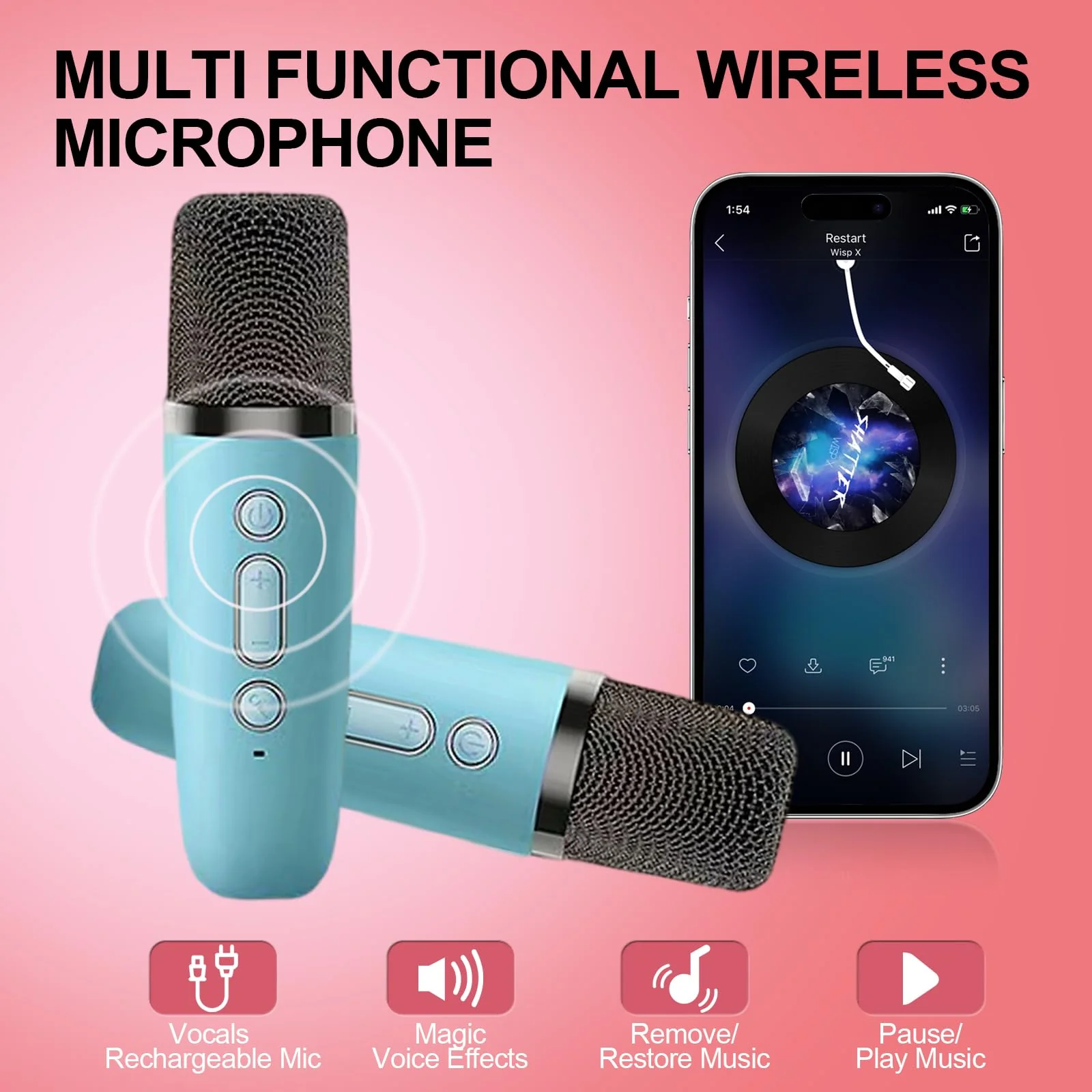 Karaoke Machine for Kids, Kids Karaoke Machine for Girls with 2 Wireless Microphones, Mini Portable Bluetooth Speaker Kids Karaoke Machine Gifts for Girls and Boys Family Party (Blue) blue - Image 5