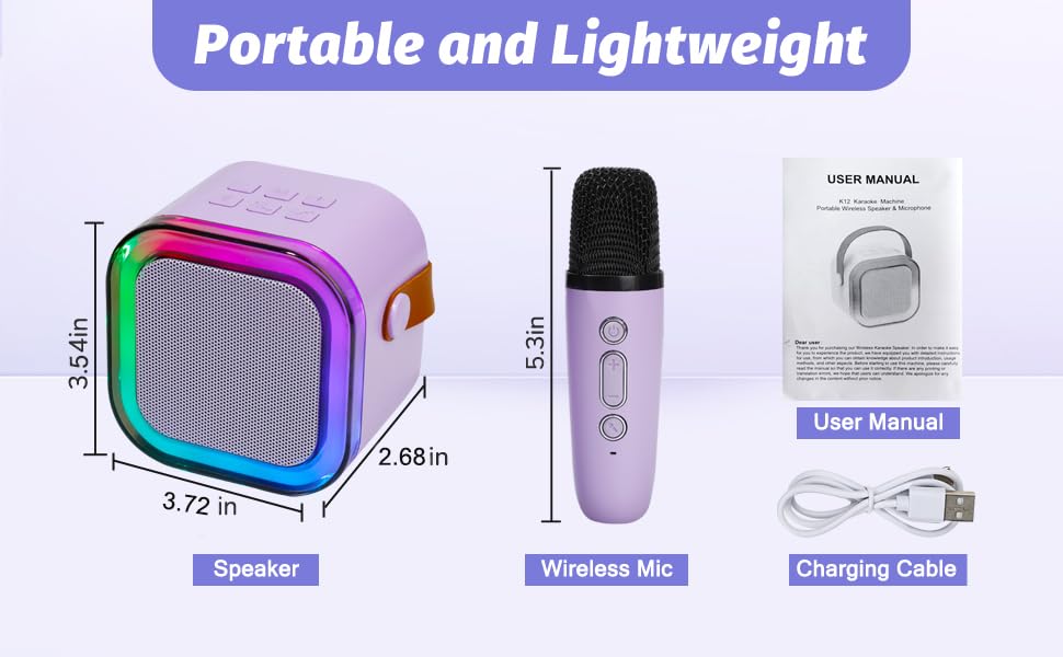 Karaoke Machine for Kids, Mini Karaoke Speaker with 2 Wireless Microphones,Voice Effects,LED Lights, Portable Singing Machine for Girl, Ages 3,4,5,6,7,8,9,10,11,12+ Years Old Birthday Gift(Purple) Purple - Image 7