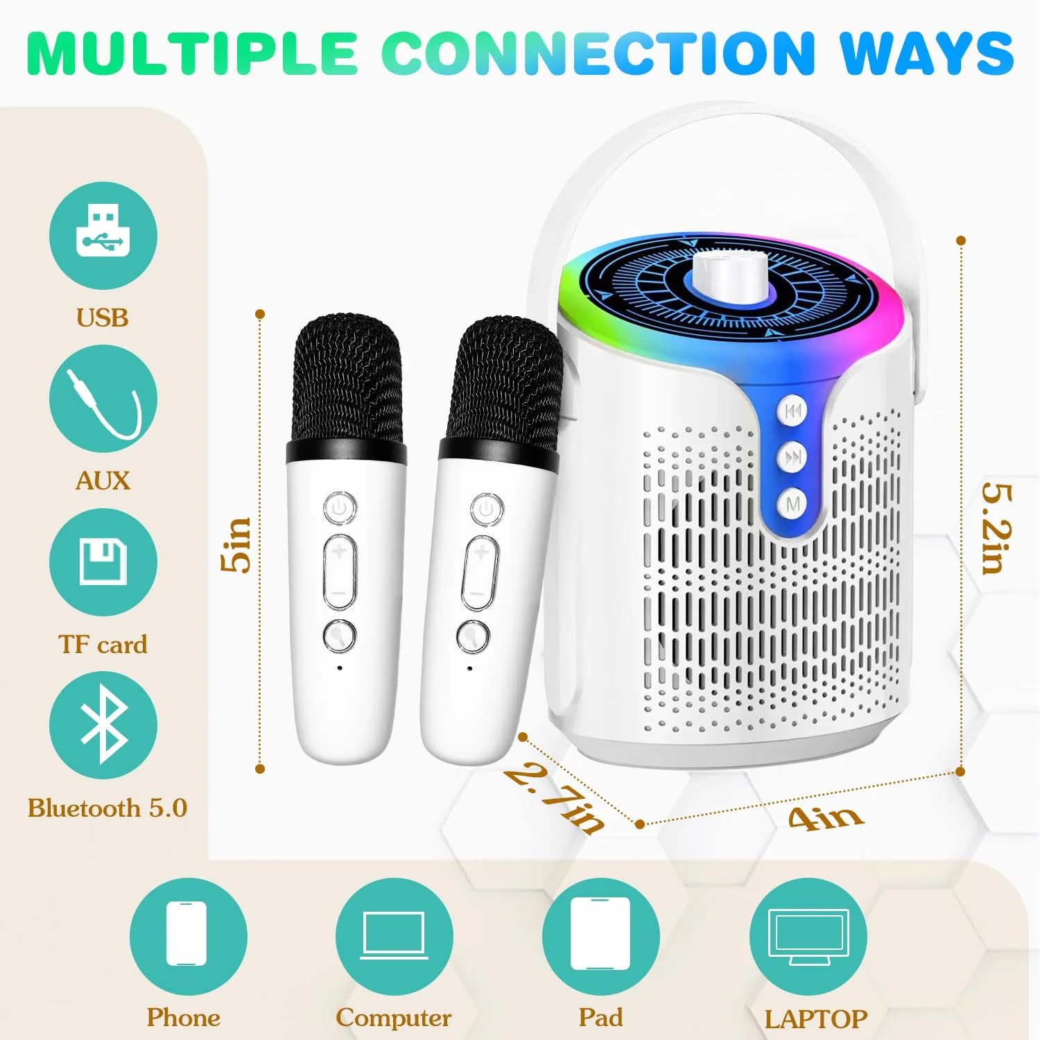 Karaoke Machine, Portable Karaoke Speaker for Adults Kids, Mini Bluetooth Speaker with 2 Wireless Mics and Dynamic Lights, Ideal Gifts Toys for Girls Boys Family Home Party - Image 3