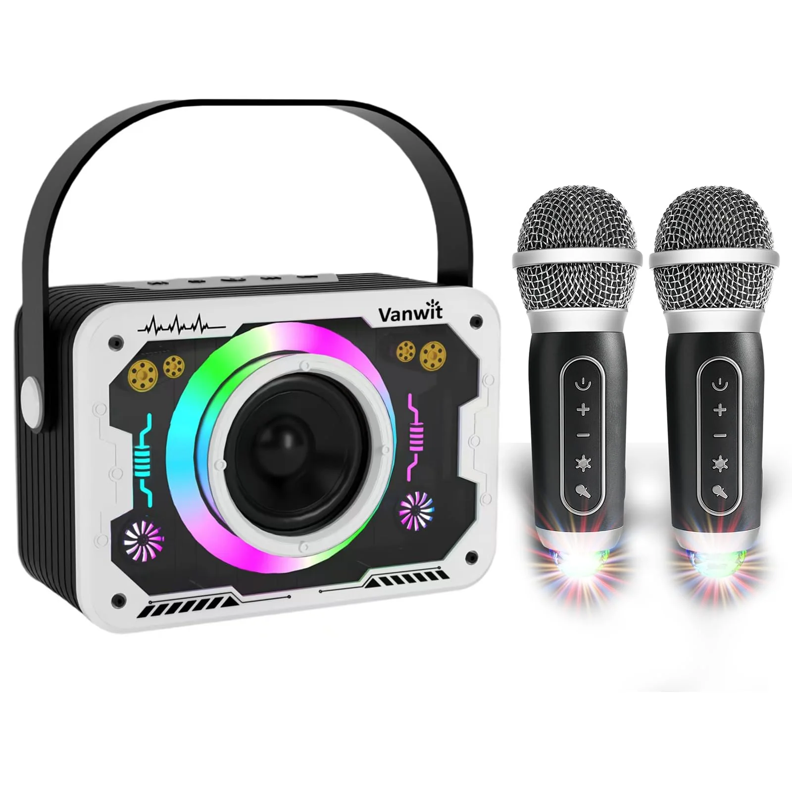 Karaoke Machine with 2 Wireless Microphones, Disco Lights, Portable Bluetooth Speaker, PA System for Adults and Kids, Home Party (White) White 2mics