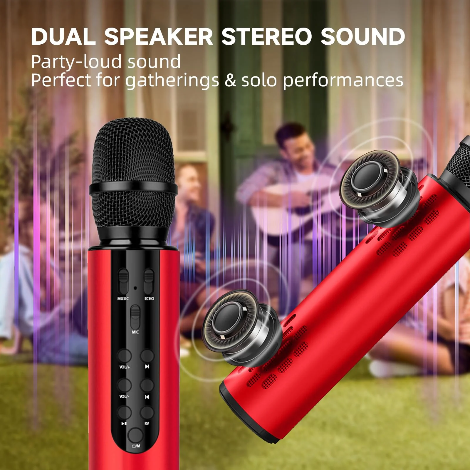 Karaoke Microphone Wireless, 4-in-1 Portable Handheld Wireless Karaoke Bluetooth Microphone with Built-in Sound Card for Home Parties,Travel,Music Recording,Car Singing (Red) Red - Image 2