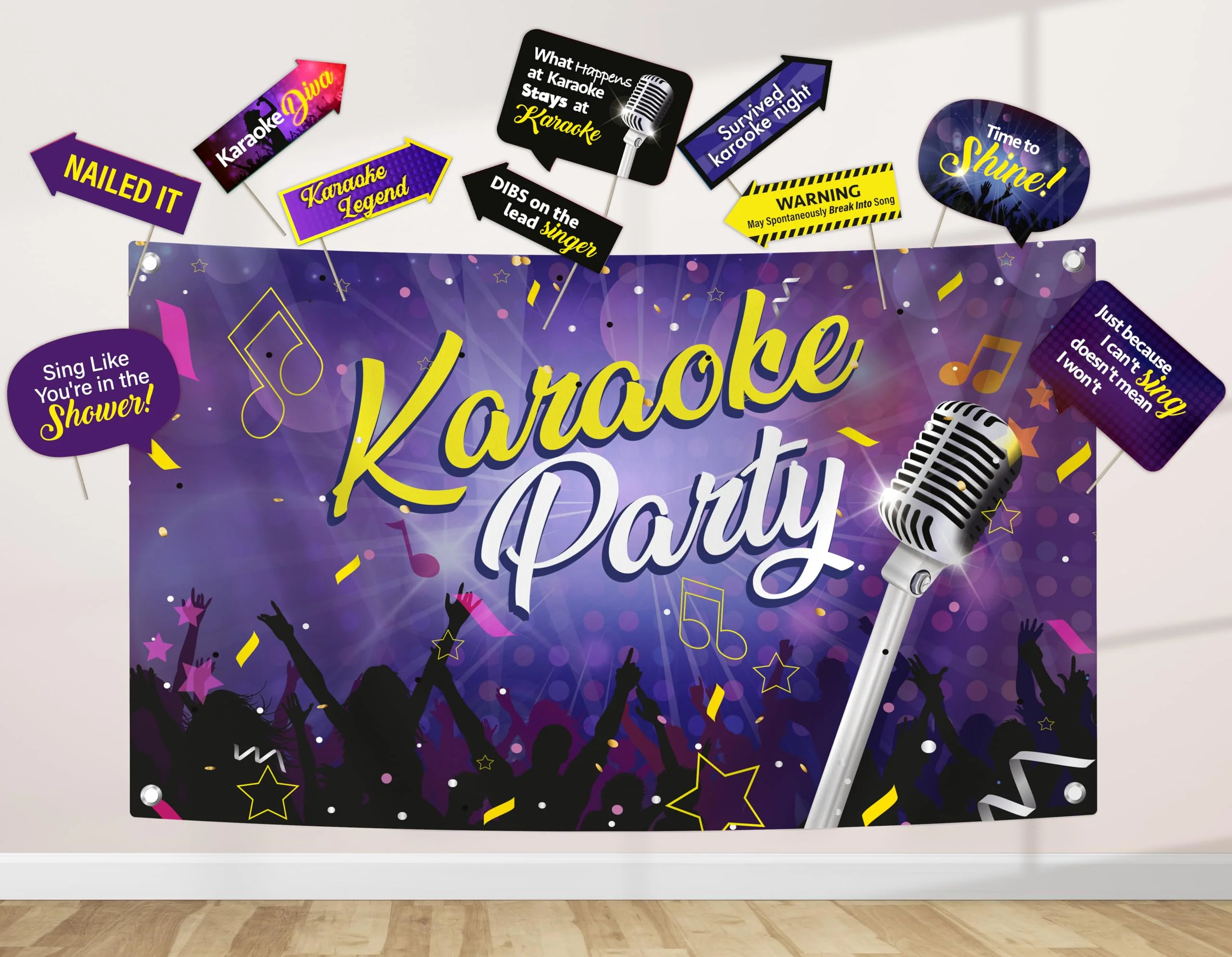 Karaoke Party Decoration Kit - Includes Photography Backdrop & 10 Studio Selfie Photo Booth Props with Sticks - Music Disco Theme Studio Background Banner Birthday Supplies Karaoke