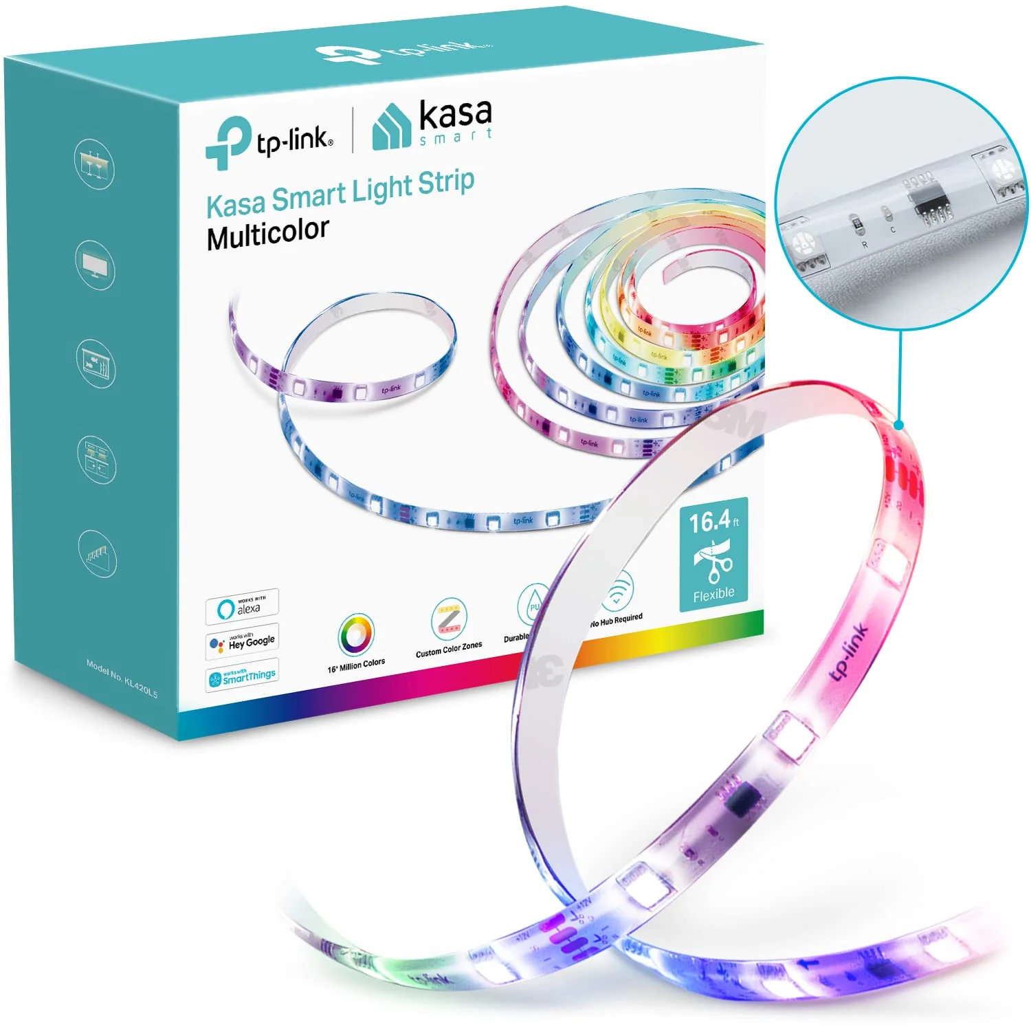 Kasa Smart LED Light Strip, 50 Color Zones RGBIC, 16.4ft Wi-Fi LED Strip Works w/ Alexa, Google Home & SmartThings, High Brightness, 16M Colors, PU Coating, Trimmable, 2 Yr Warranty (KL420L5) 16.4 ft.
