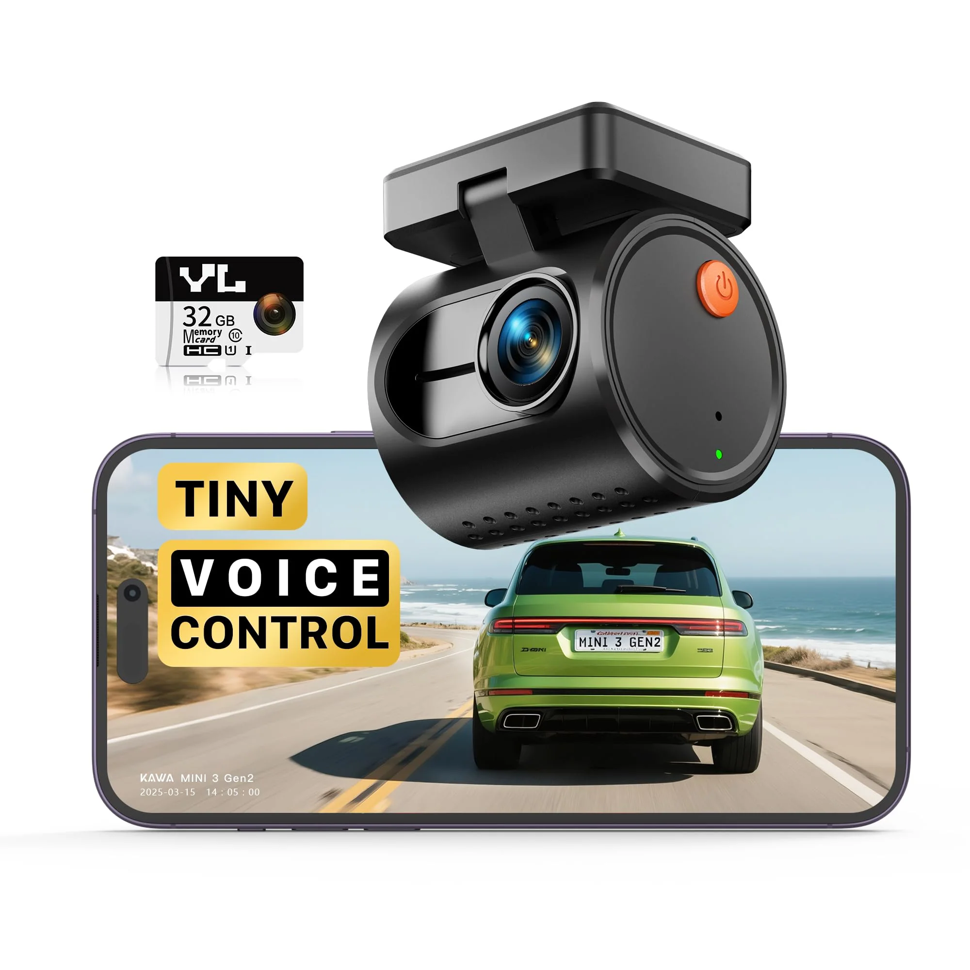 KAWA 2K Tiny Dash Cam, 1296P QHD Mini Car Camera DashCam - Voice Control, G -Sensor, Free 32GB TF Card, Built-in WiFi, APP Control, WDR/3D DNR with Super Night Vision, 24H Parking Mode Black