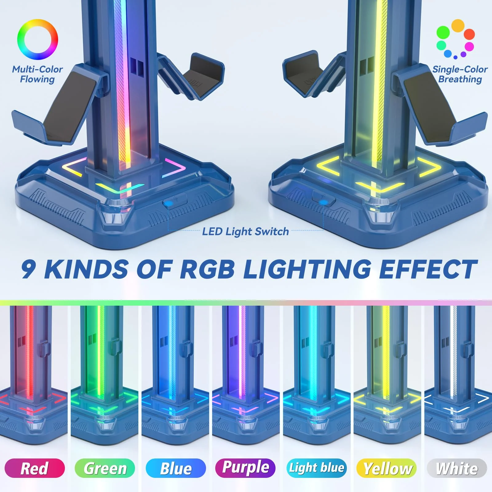 KDD RGB Headset Stand with 9 Light Modes - Controller Holder for Desk - Rotatable Headphone Stand & Detachable Controller Hook for PC Earphone Accessories(Blue) Blue - Image 3